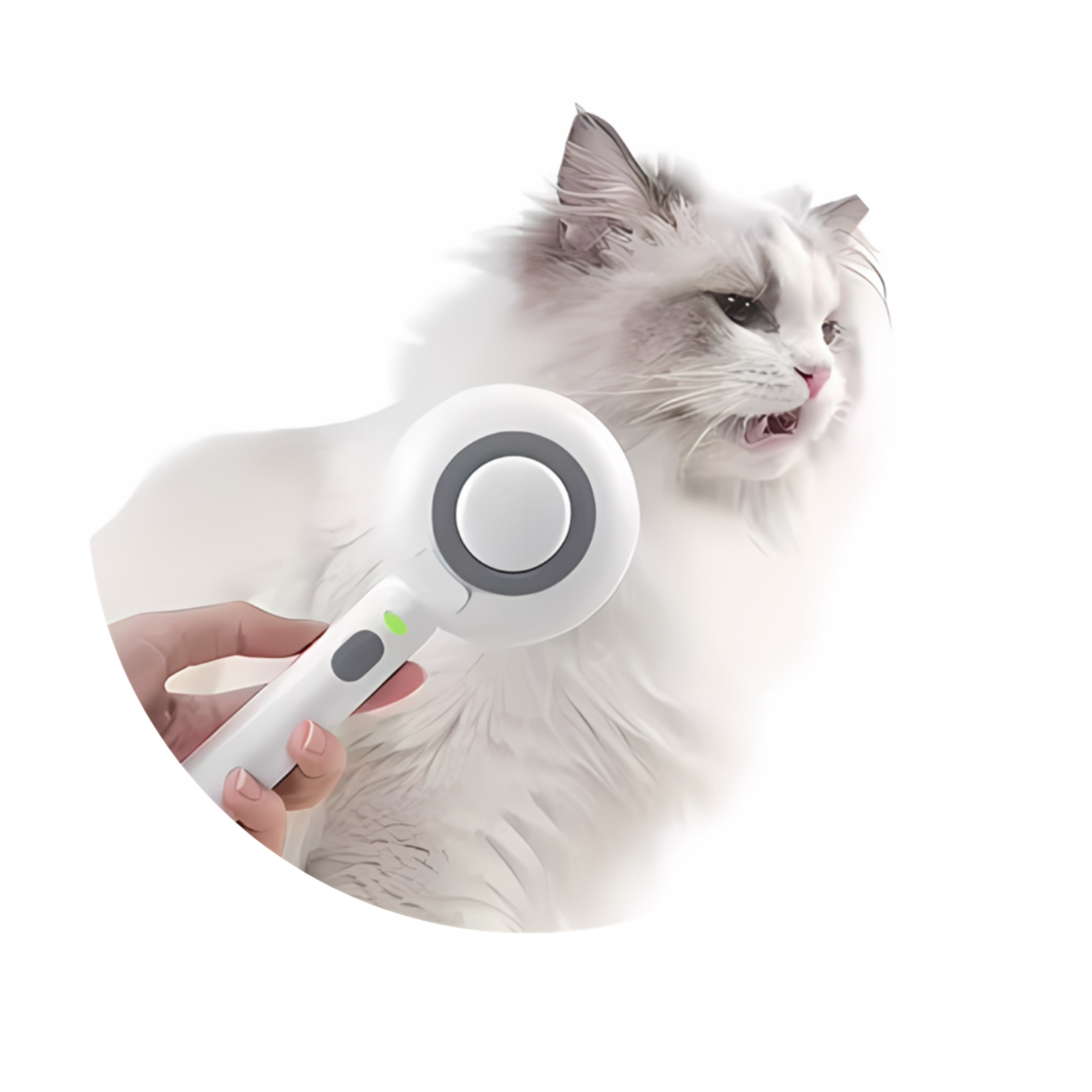 Persona che spazzola un gatto a pelo lungo con una spazzola bianca e grigia.