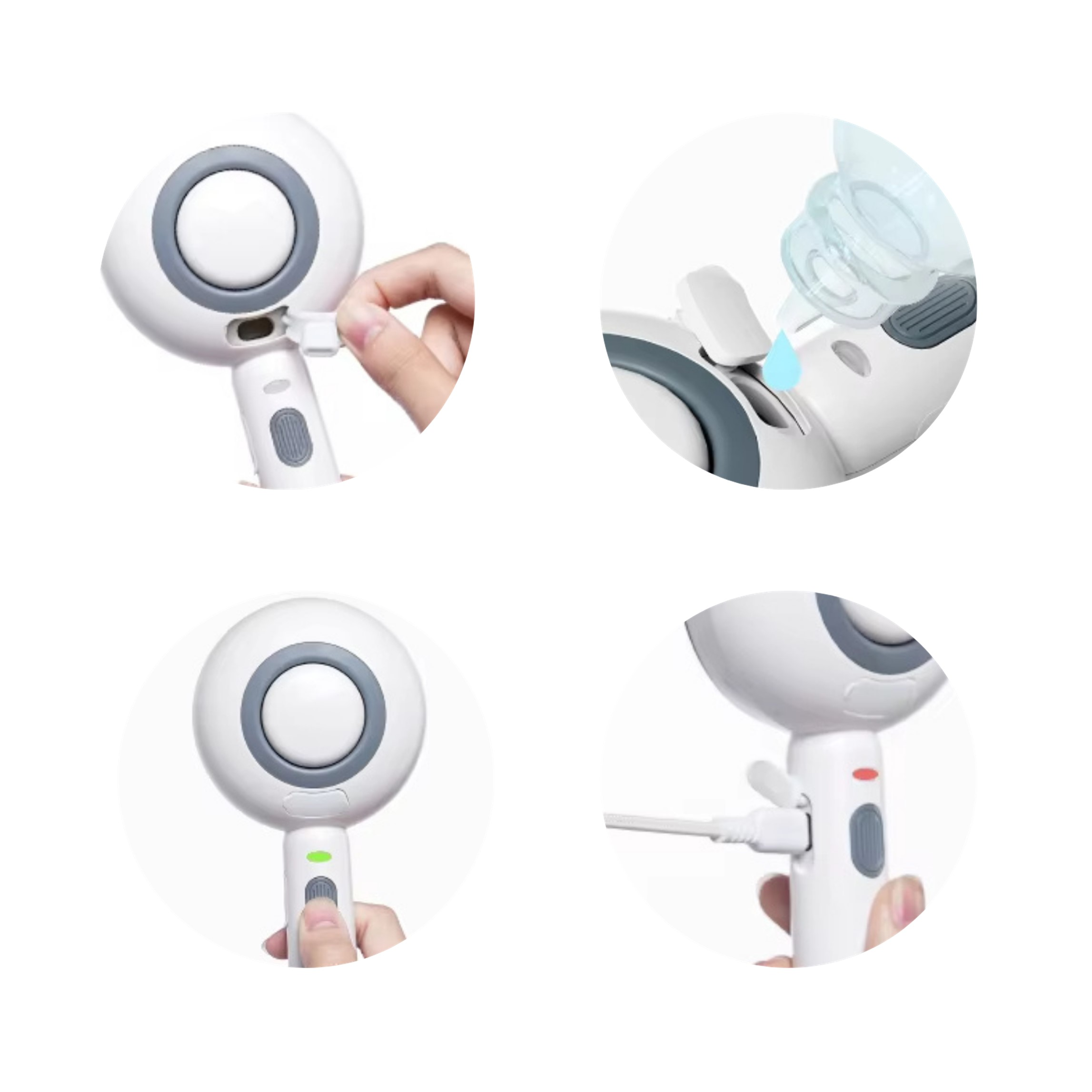 Quattro immagini mostrano un ventilatore portatile bianco e grigio con diverse angolazioni e funzionalità.
