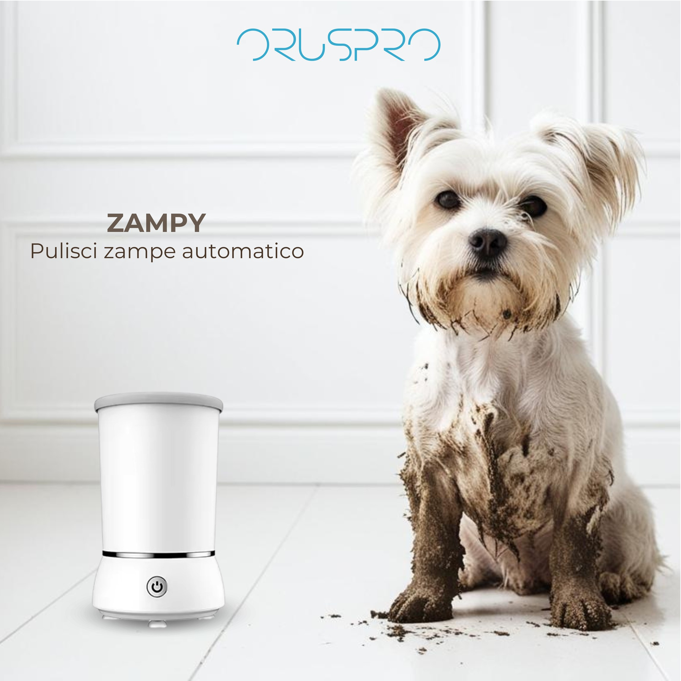 Un piccolo dispositivo bianco e un cane sporco. Il testo recita 'ZAMPI. Pulisci zampe automatico'.