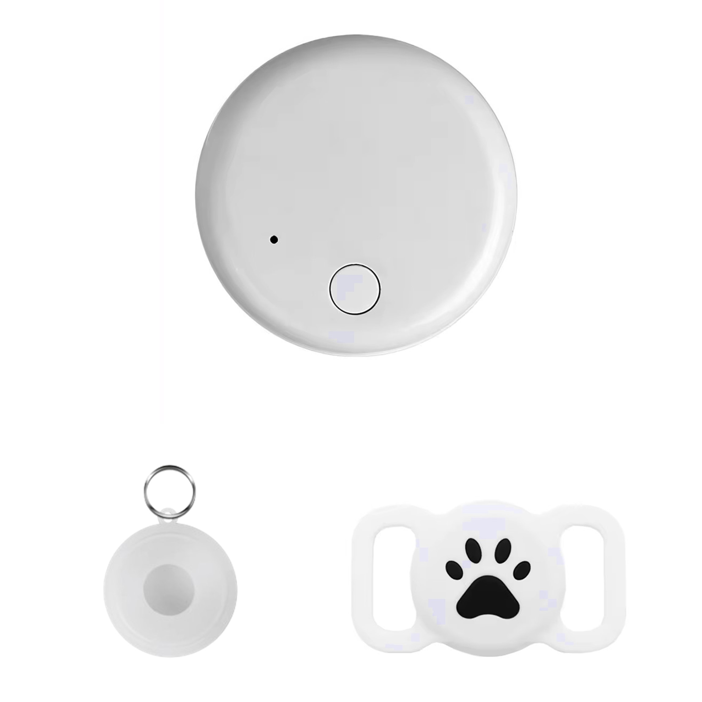 Un set di localizzazione per animali domestici bianco con un piccolo localizzatore circolare, un portachiavi e un supporto a forma di zampa.