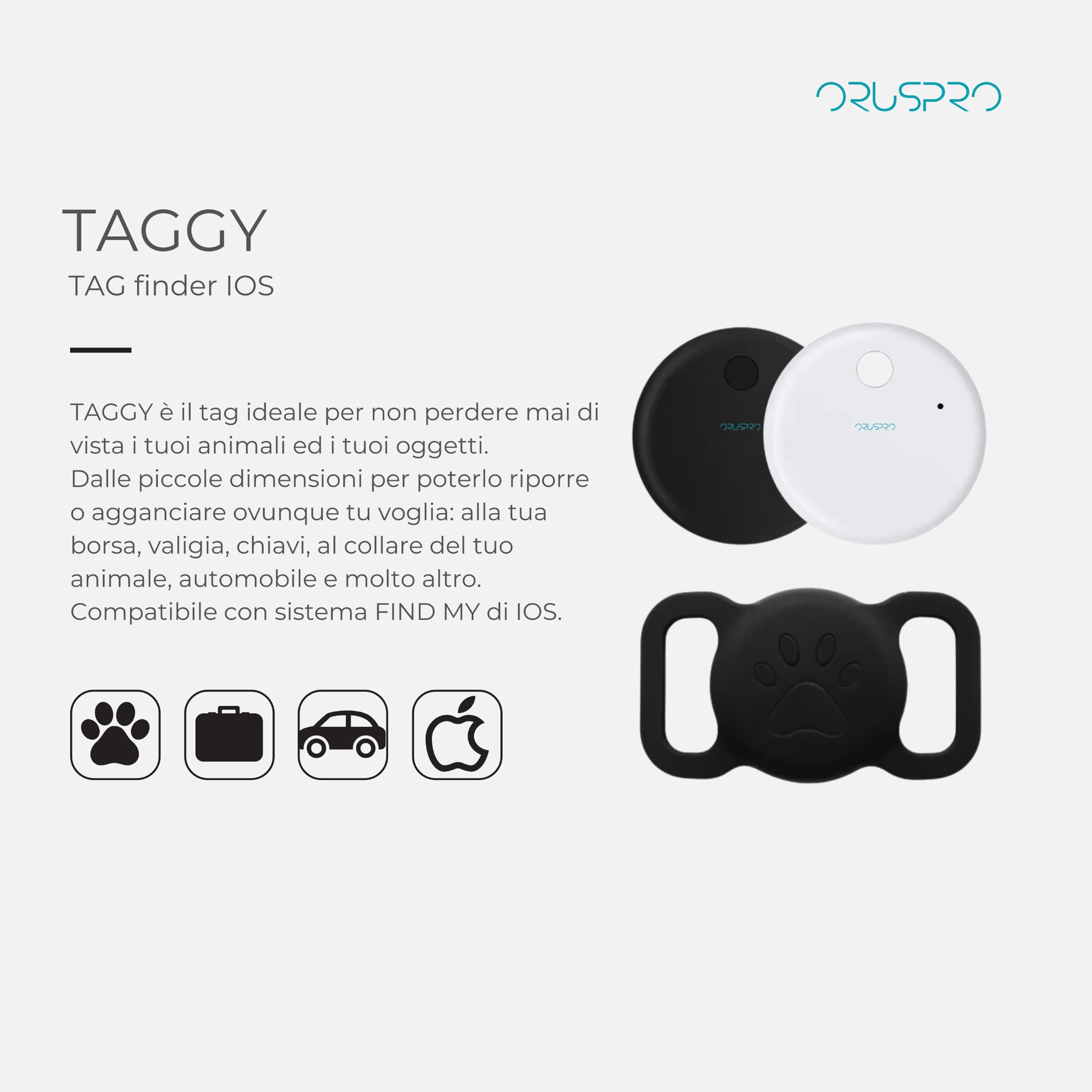 Immagini del prodotto che mostrano un dispositivo di localizzazione per animali domestici, con testo 'TAGGY' e collare.