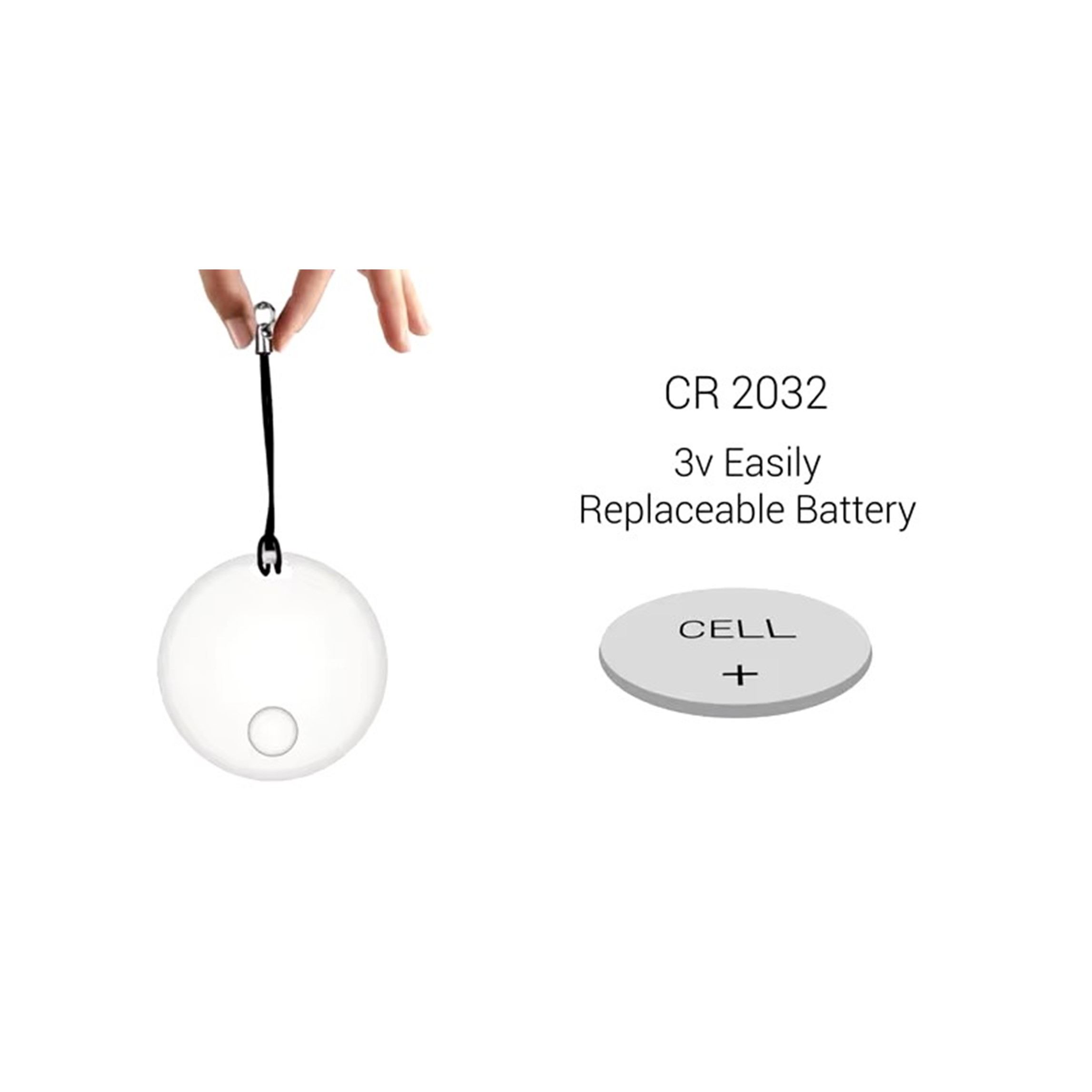 Un'etichetta circolare bianca, una batteria e il testo: CR 2032 3v Batteria facilmente sostituibile.