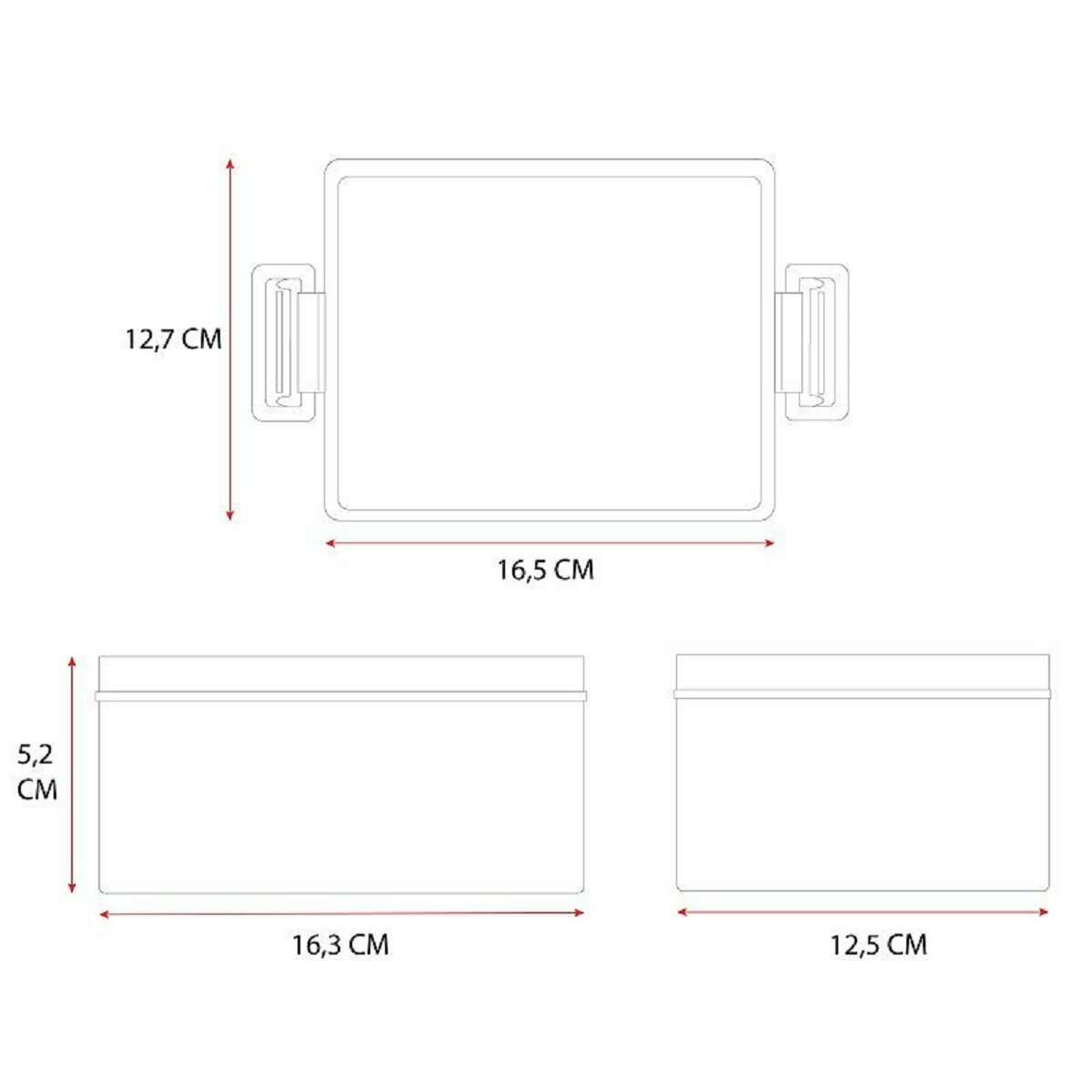 Diagramm von drei Boxen mit Abmessungen in Zentimetern. Die Boxen sind rechteckig geformt.