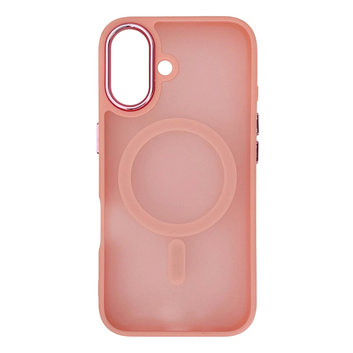 Custodia rosa per telefono con un cerchio e una linea verticale. Ha un bordo rosa metallico.