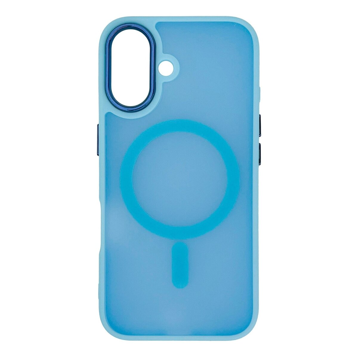 Una custodia per telefono azzurra con un cerchio blu scuro e un segno meno.