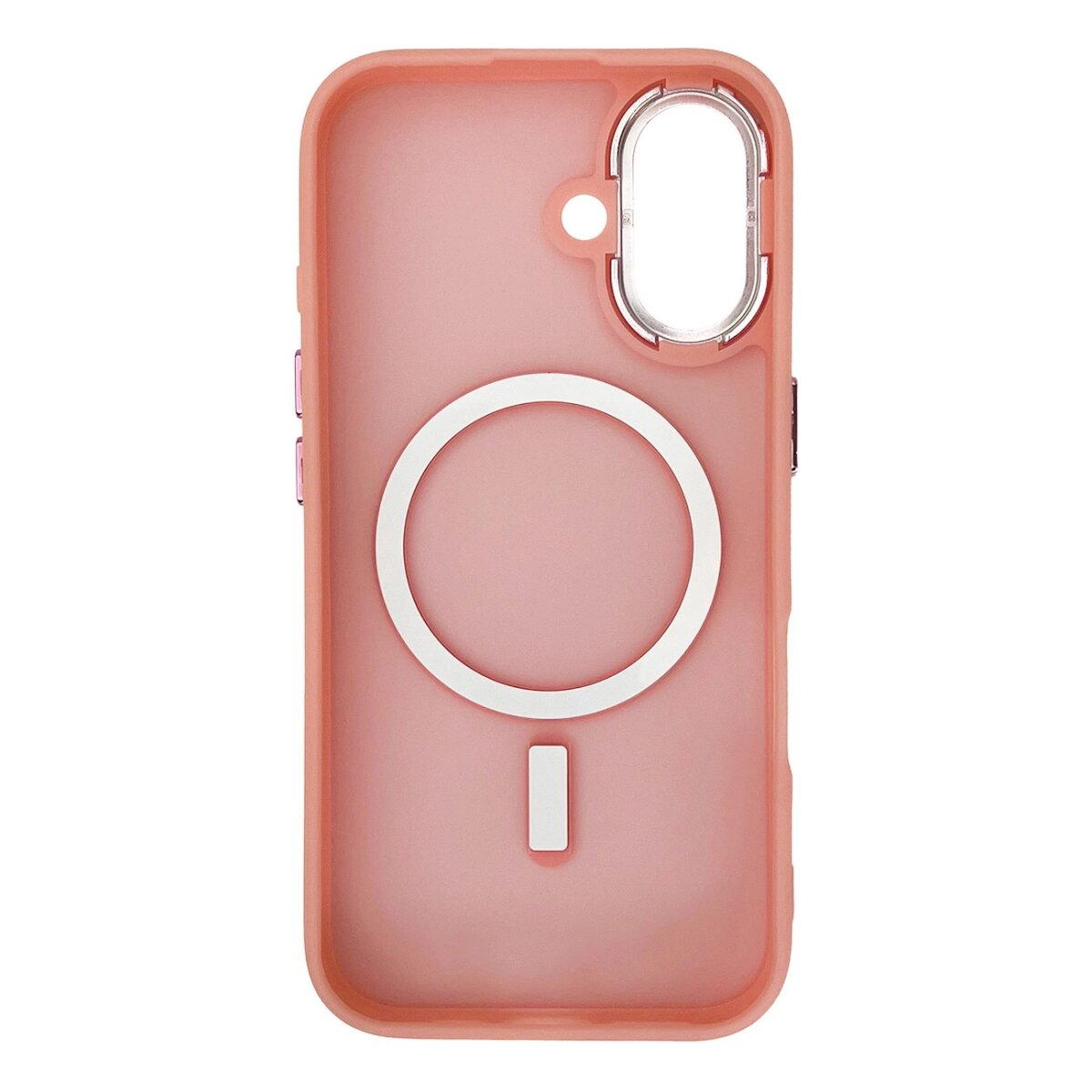 Custodia per telefono rosa con un anello MagSafe circolare bianco e un'area rettangolare su sfondo bianco.