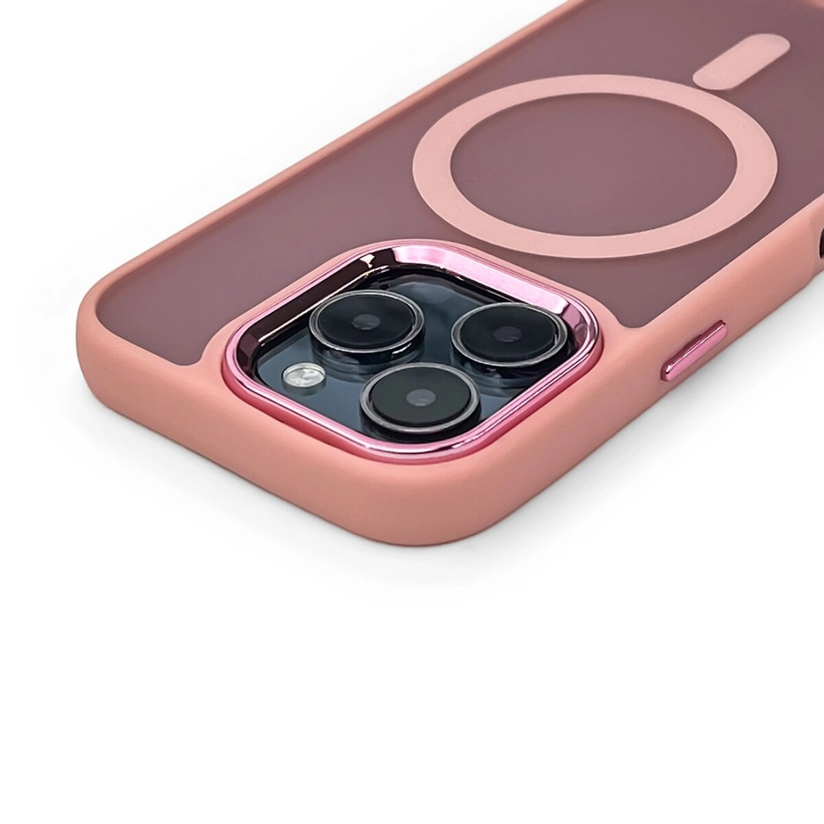 Custodia del telefono con bordi rosa e cerchio magnetico. Fotocamera del telefono visibile.