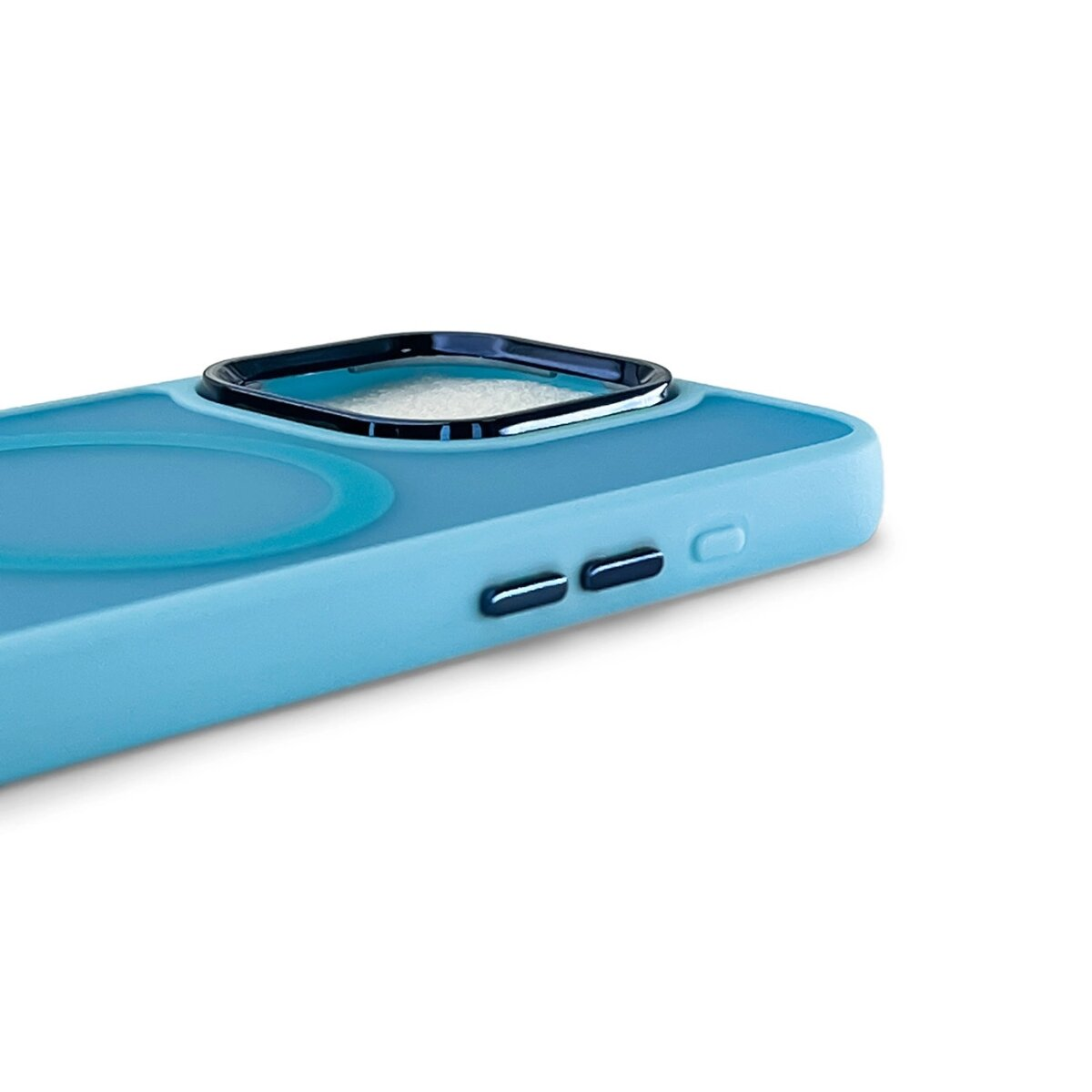 Custodia blu per telefono con anello per fotocamera e pulsanti laterali.