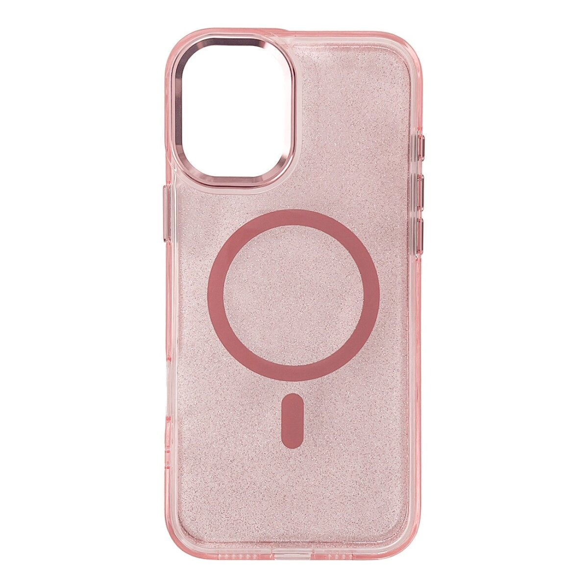 Custodia rosa per telefono con cerchio e segno meno. Sfondo bianco.