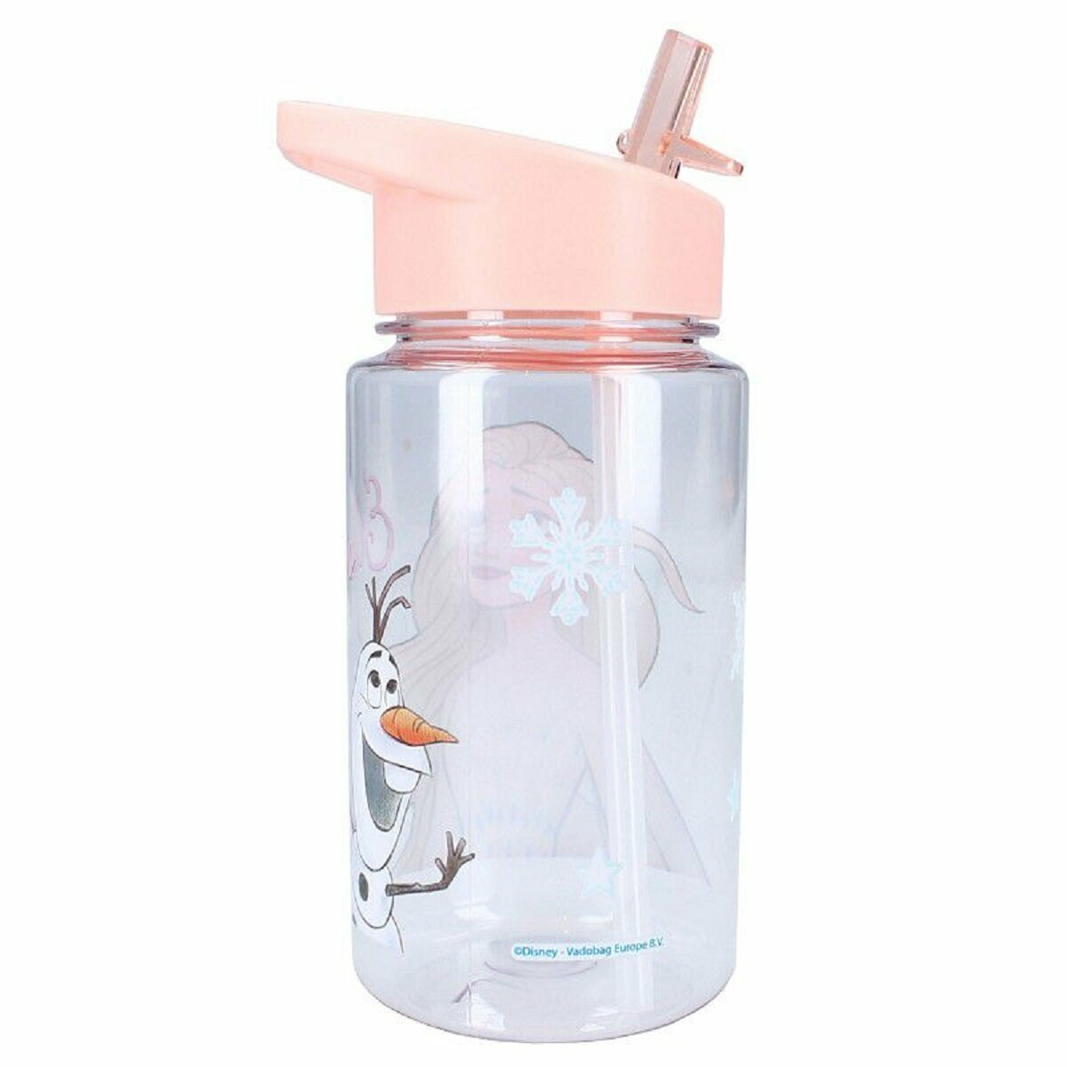 Transparente Wasserflasche mit rosa Deckel und Strohhalm. Mit einem Cartoon von Olaf und Elsa aus Frozen.