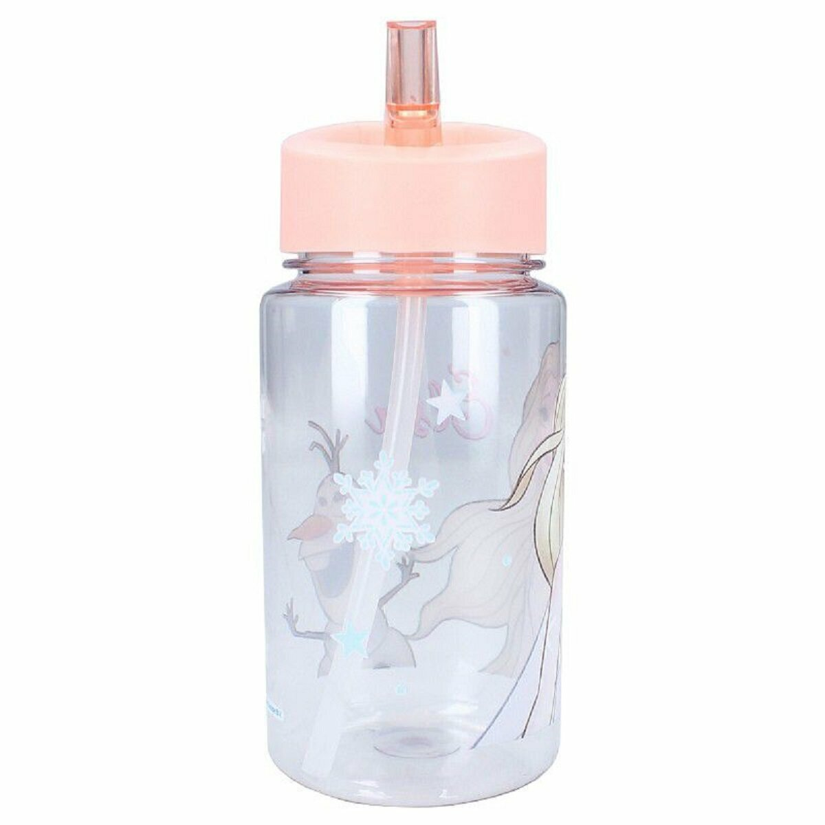 Eine durchsichtige Wasserflasche mit rosa Deckel. Sie hat Frozen-Charaktere darauf.