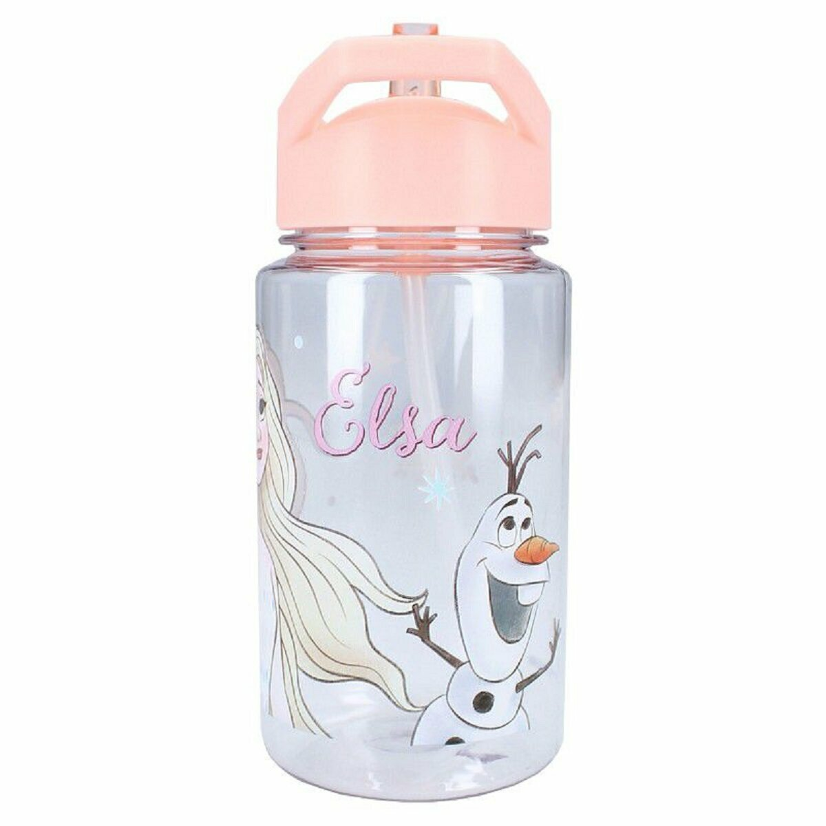 Transparente Wasserflasche mit Elsa- und Olaf-Design, pfirsichfarbener Deckel.