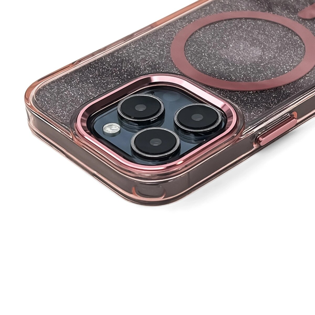 Custodia per telefono con brillantini, un anello rosa per MagSafe.