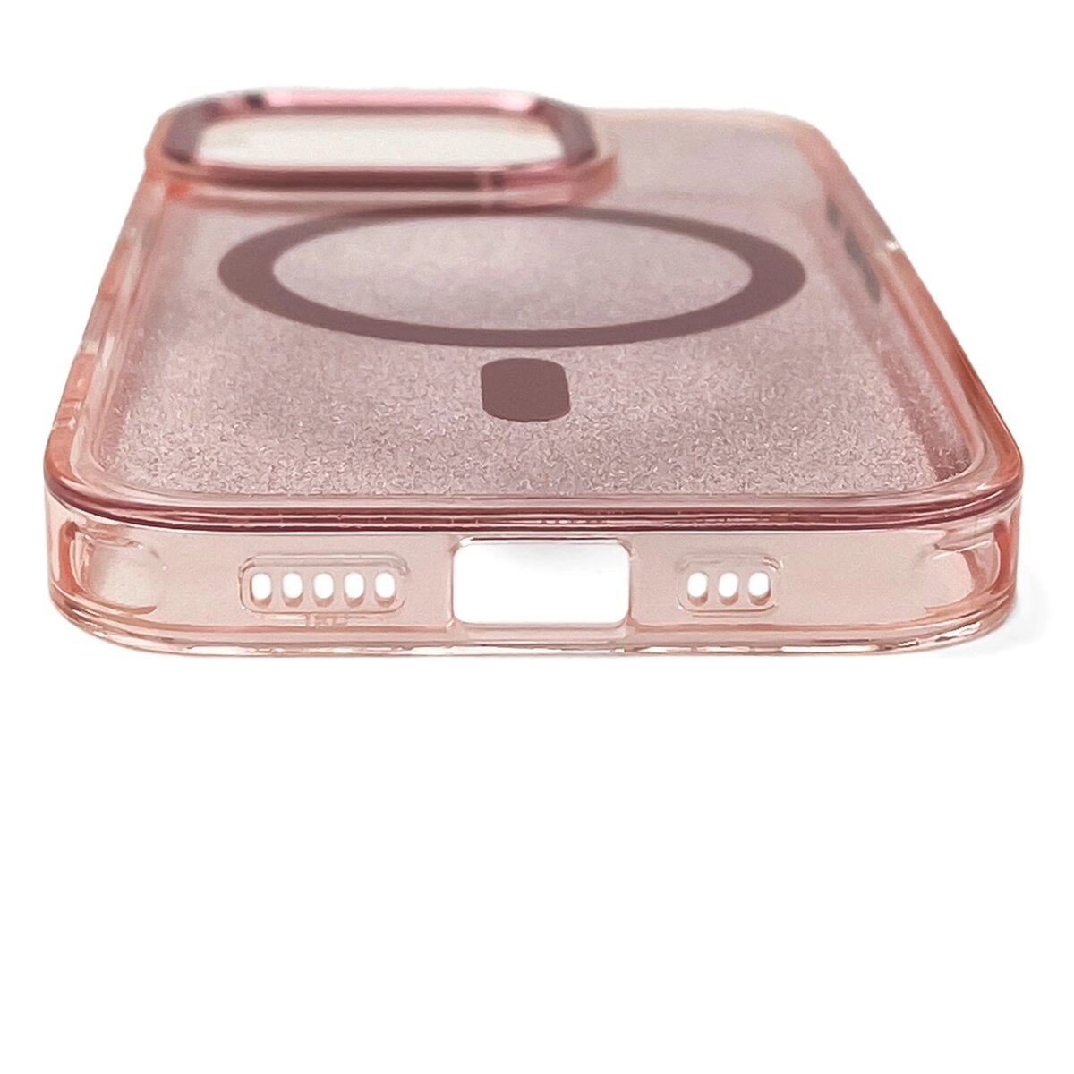 Custodia rosa per telefono con cerchio scuro e retro trasparente, primo piano.
