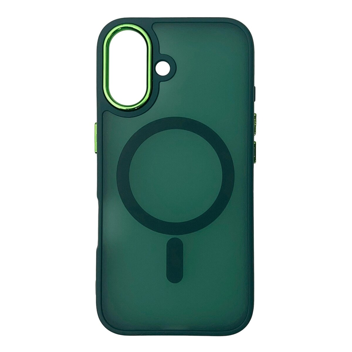 Custodia per telefono verde scuro con un cerchio e una linea verticale. Bordo metallico verde.