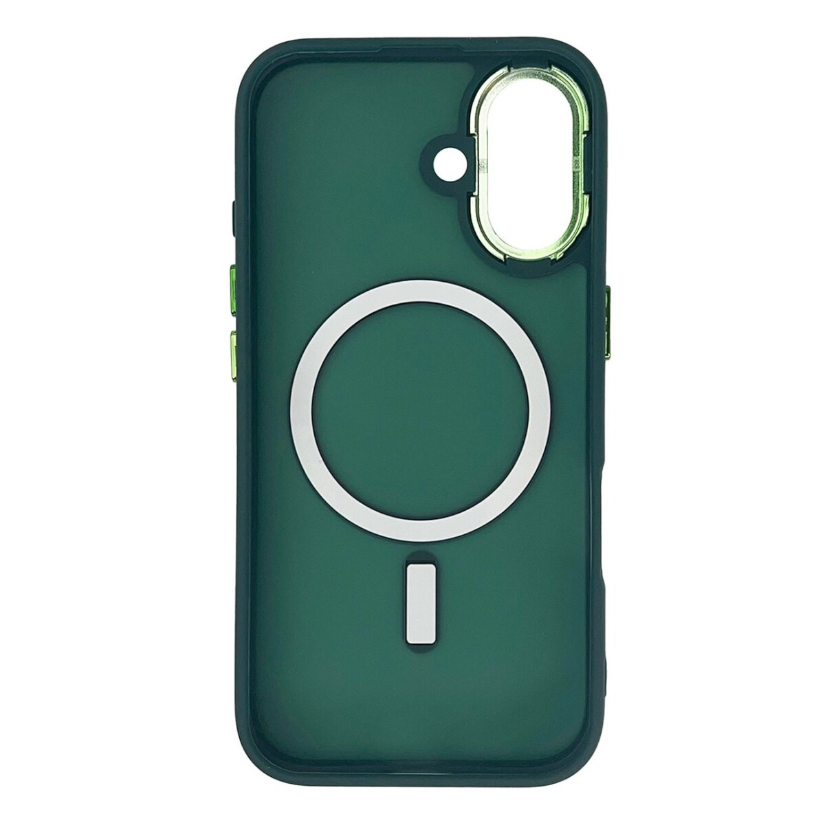 Custodia verde per telefono con un cerchio bianco e una barra bianca. Ha un ritaglio per la fotocamera.