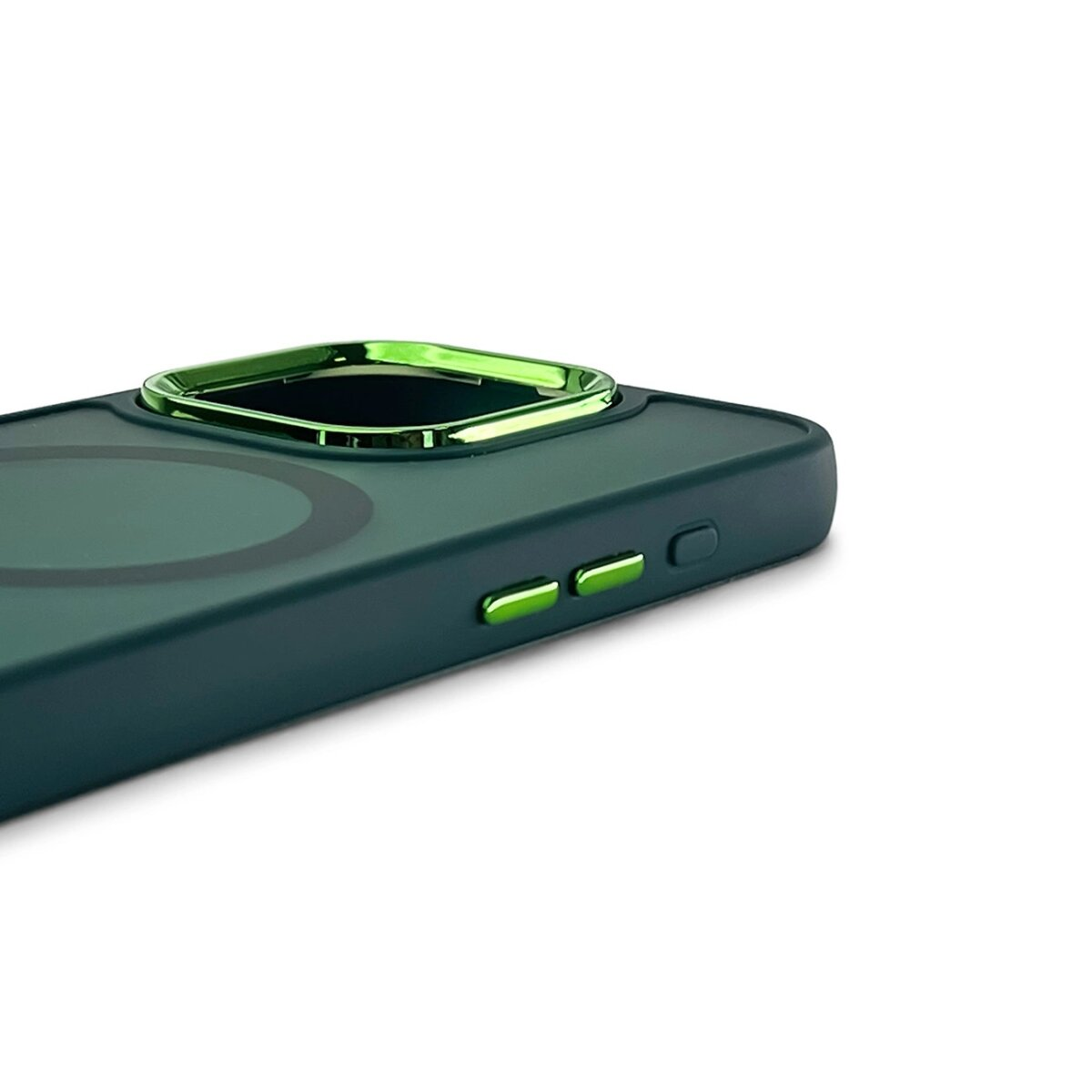 Un primo piano di una custodia per telefono, anello verde attorno alla fotocamera, pulsanti verdi.