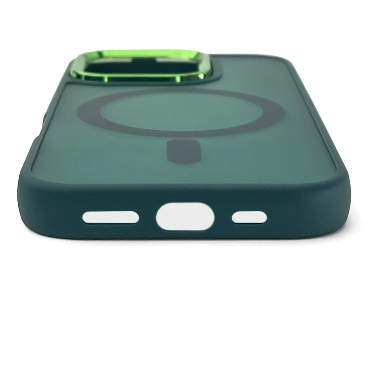 Una custodia per telefono su sfondo bianco. La custodia è verde con un cerchio nero e un anello verde.