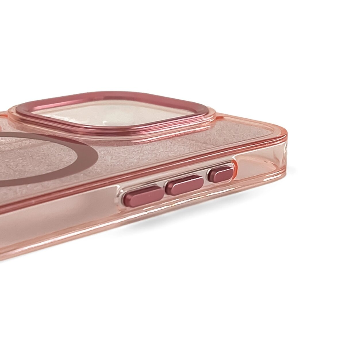 Primo piano di una custodia per telefono rosa. Ci sono tre pulsanti e un ritaglio per la fotocamera.