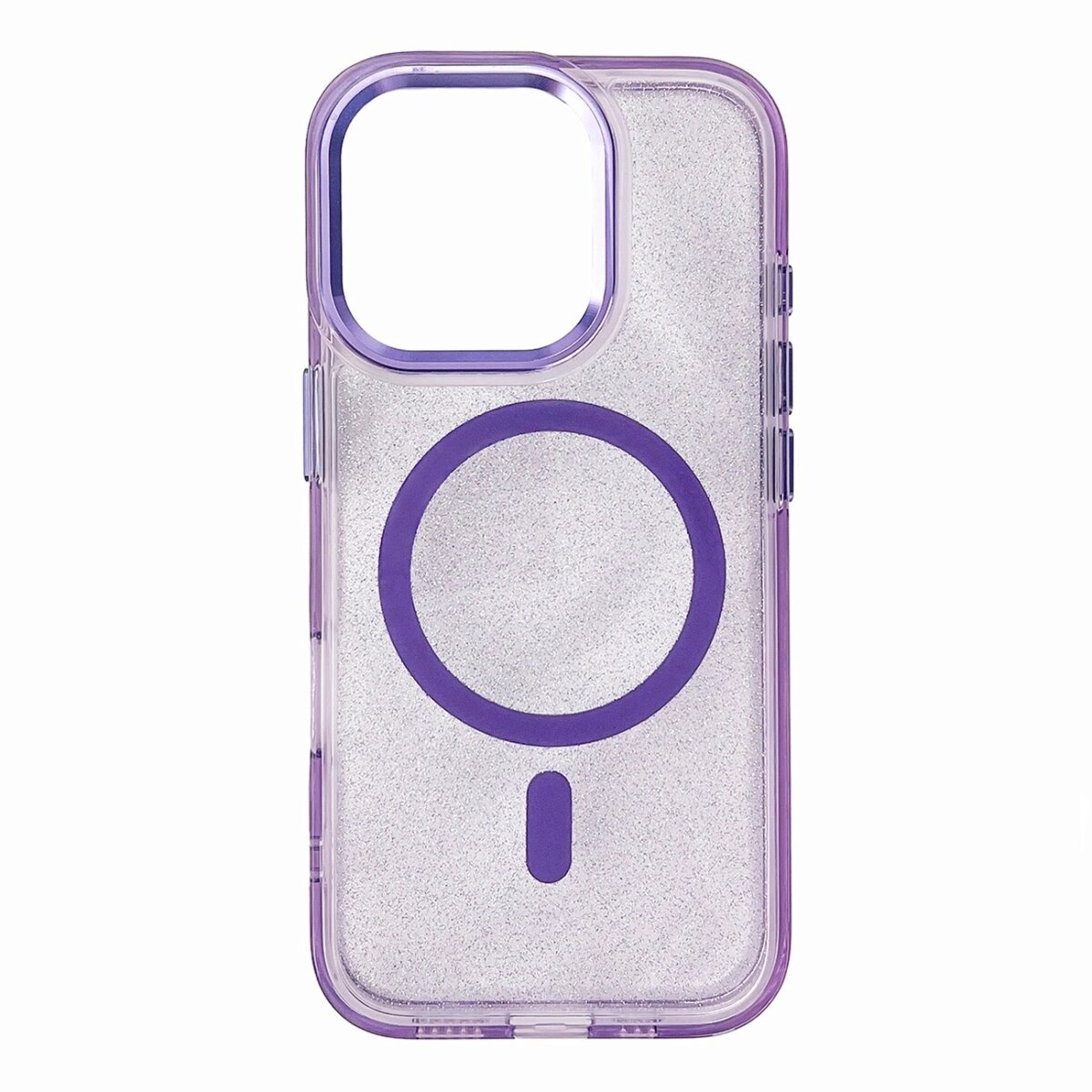 Custodia per iPhone viola. Custodia trasparente con dettagli viola. Design a cerchio e linea sul retro.