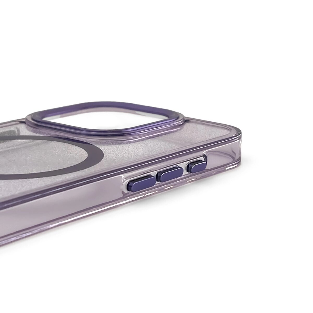Custodia viola per iPhone. Mostra il lato con i pulsanti del volume e l'area fotocamera.