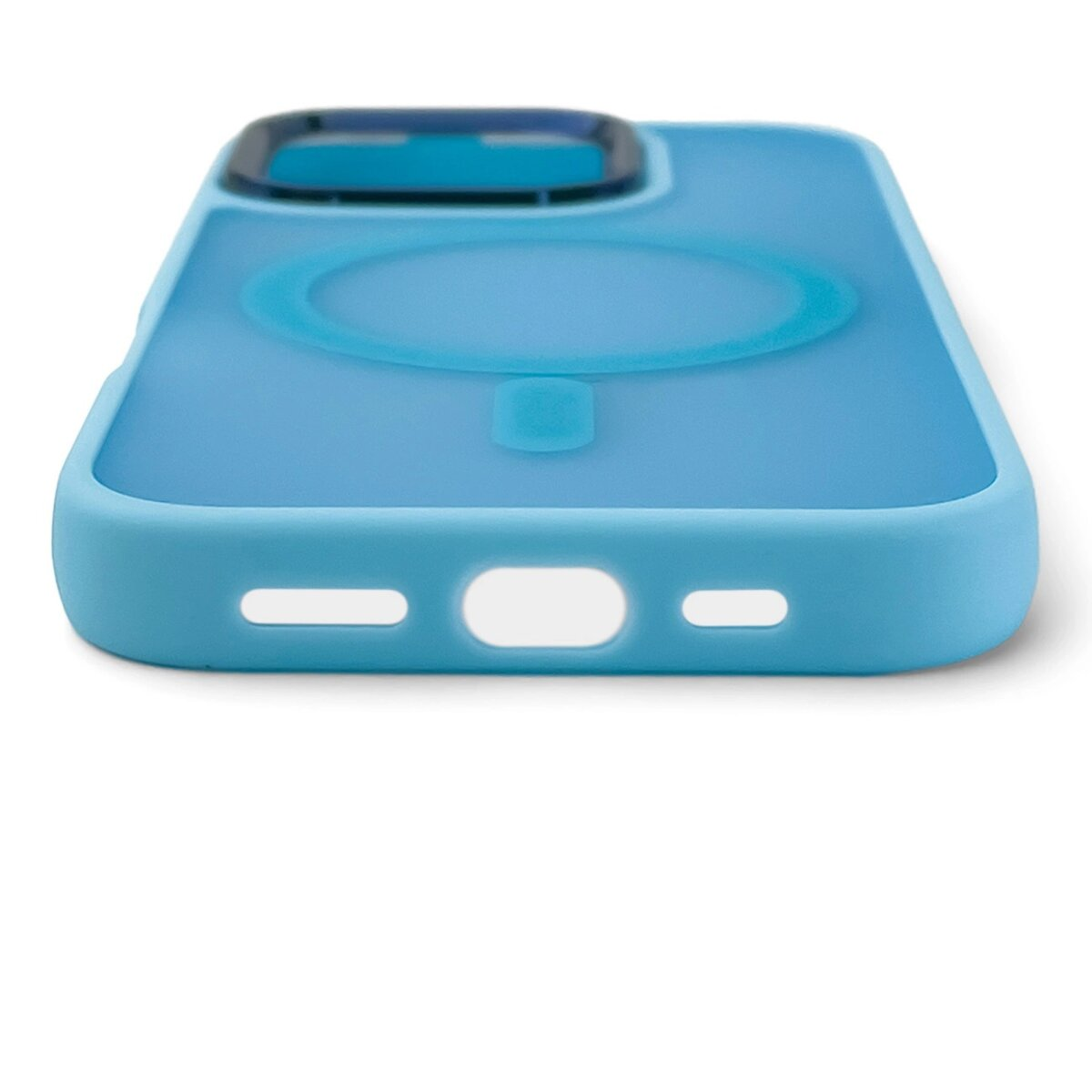 Una custodia per telefono azzurra con un design circolare sul retro. Ha un ritaglio.
