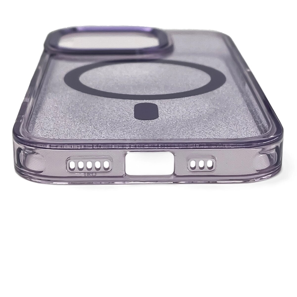Custodia viola per telefono con anello magnetico. Fori per pulsanti e porta di ricarica.