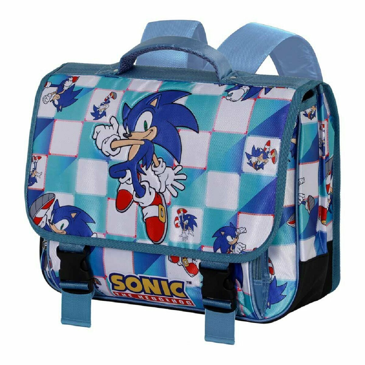 Sonic the Hedgehog Rucksack mit blauem, weißem und Schachbrettmuster, mit Sonic und Schnallen.