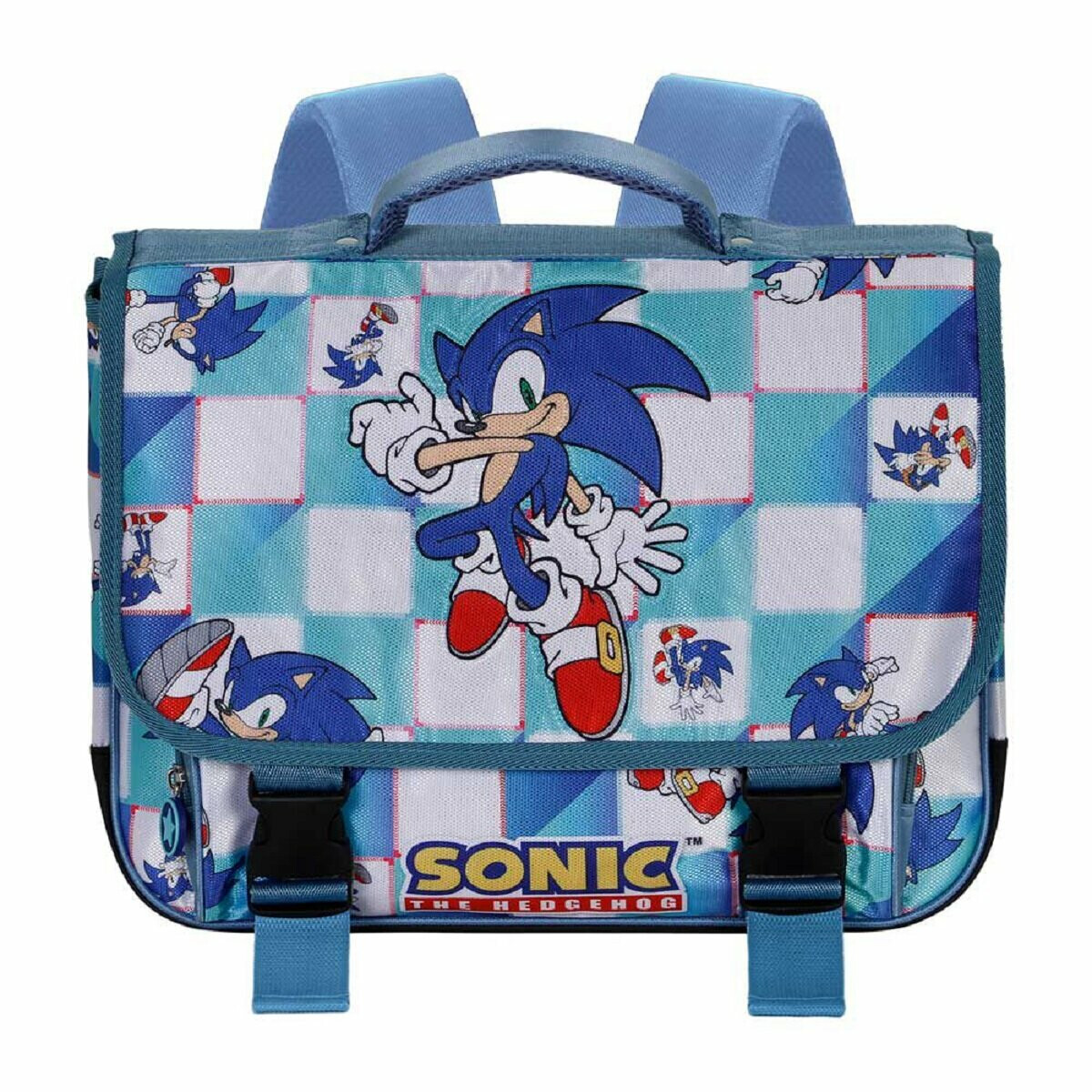 Ein Sonic the Hedgehog Rucksack. Der Rucksack hat Sonic darauf in einem blau-weiß karierten Muster.