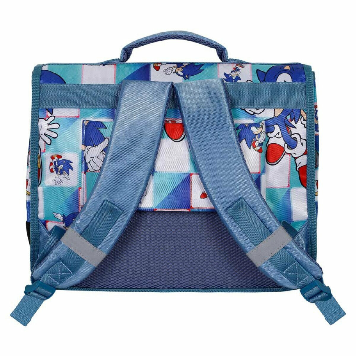 Schulranzen im Sonic-Design mit blauen Trägern, gemustert mit Sonic-Figur und Logo.