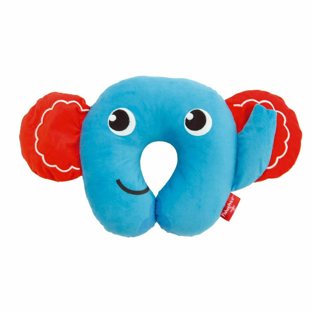Ein blaues Reisekissen in U-Form mit roten Ohren. Es hat ein lächelndes Gesicht.
