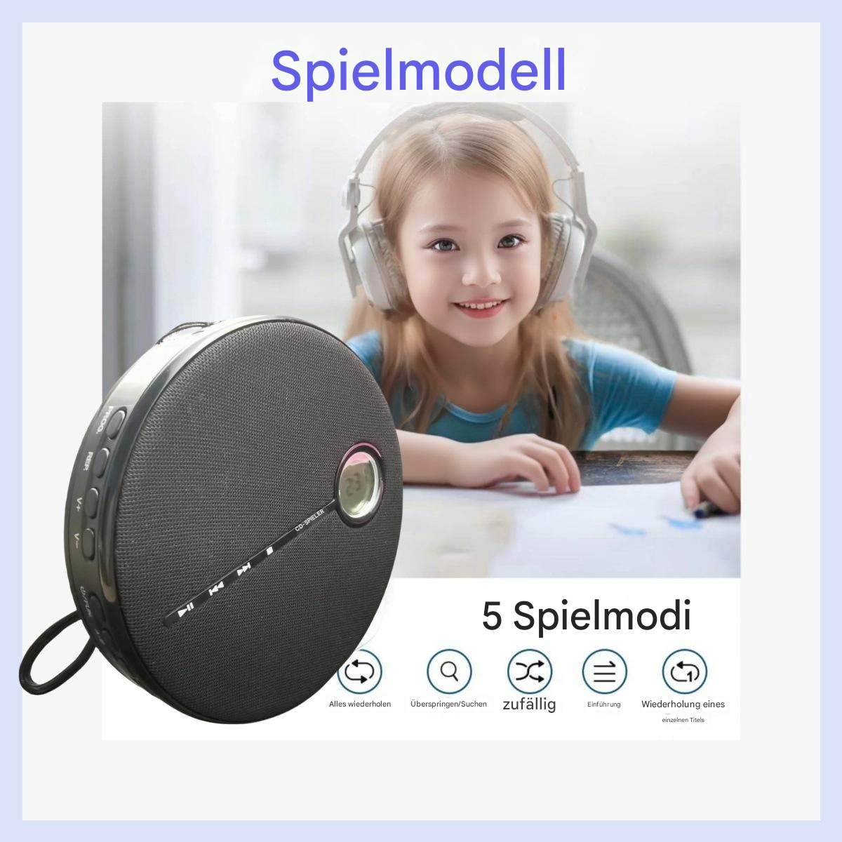 Ein Mädchen mit Kopfhörern und einem schwarzen CD-Player, mit Wiedergabemodus-Symbolen.