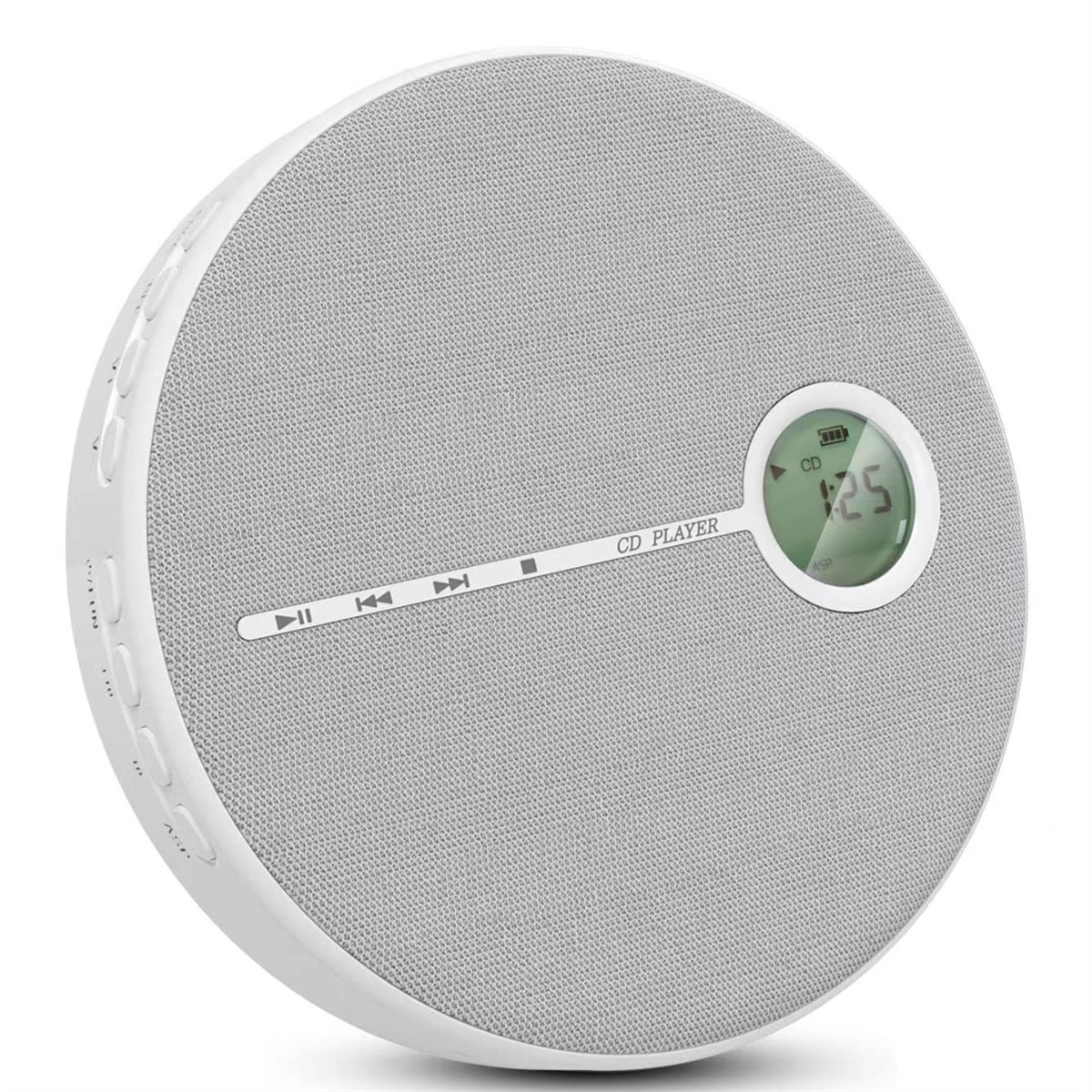 Weiß-grauer CD-Player. Bildschirm mit Zeit und CD-Symbol. Wiedergabe- und Überspringen-Tasten.