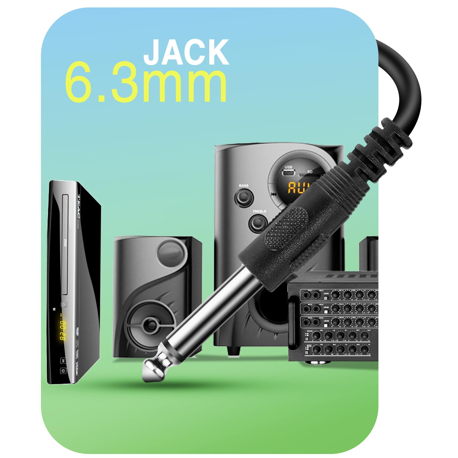 Wtyczka jack 6,3 mm z tłem sprzętu audio. Odtwarzacz DVD i głośniki widoczne.