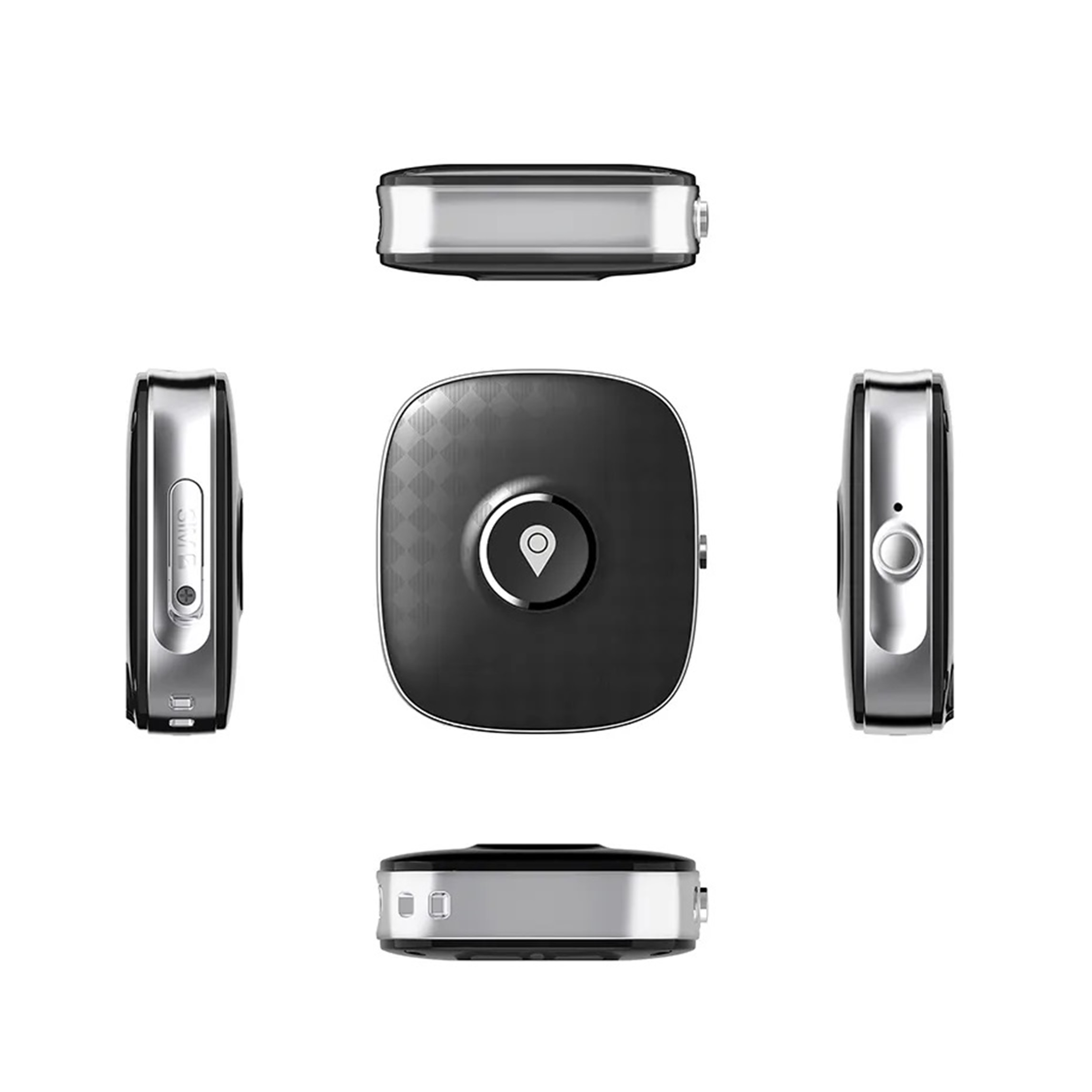 Tracker GPS nero e argento. Diverse angolazioni mostrano i suoi diversi lati.