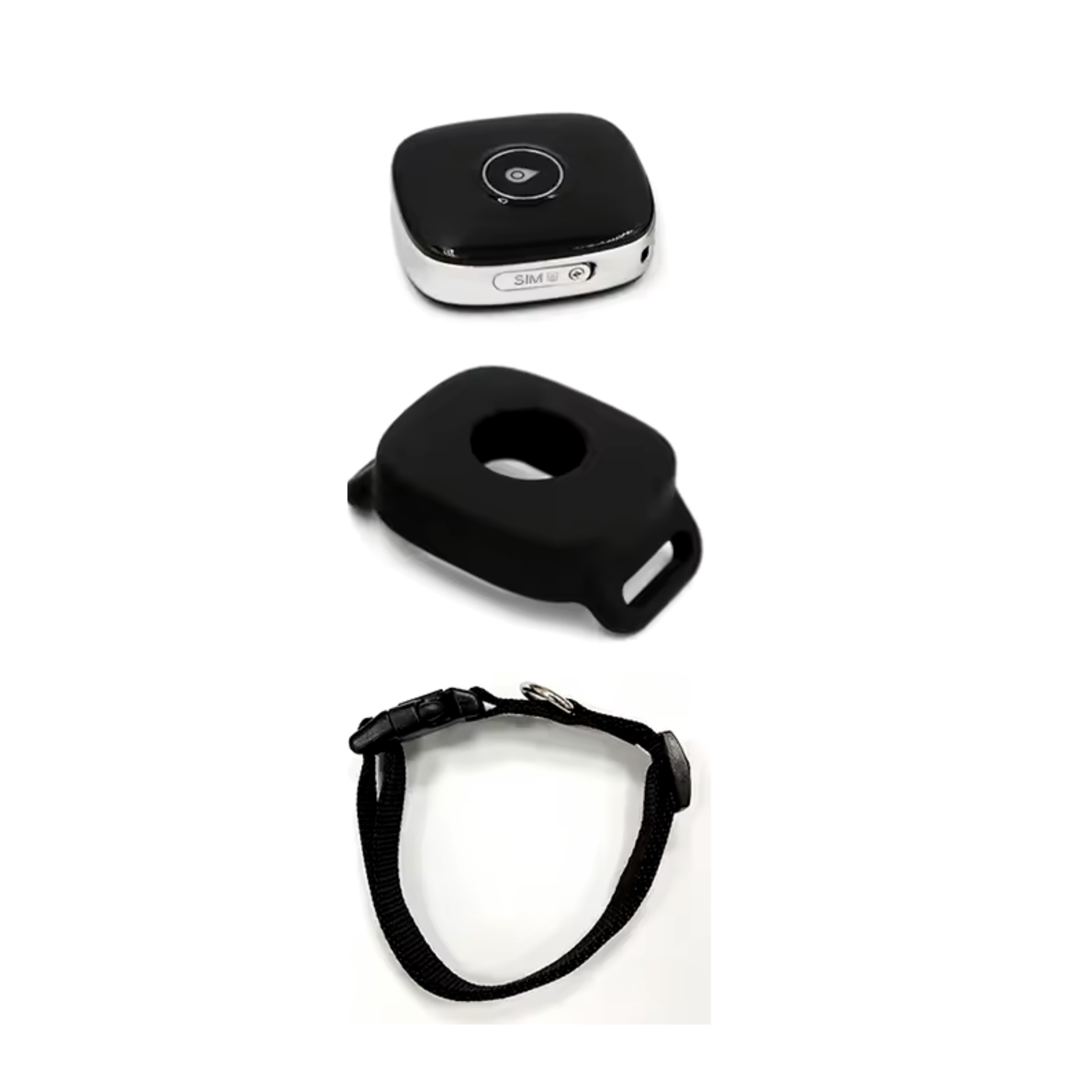 Set di localizzatore GPS per animali domestici: un localizzatore, una custodia in silicone e un collare nero.