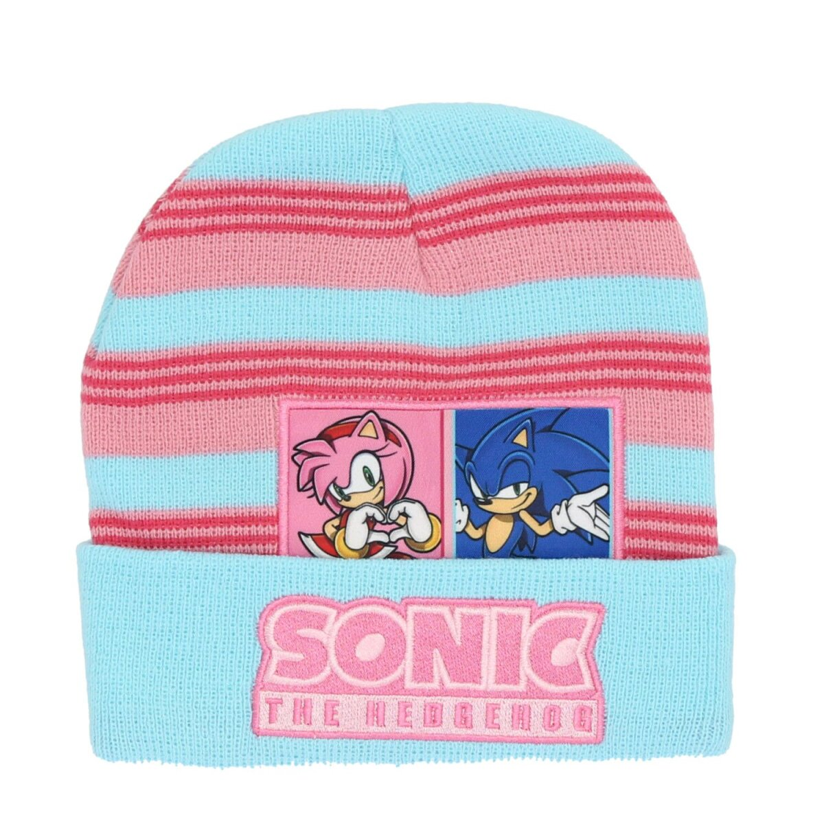 Sonic the Hedgehog Beanie-Mütze, mit rosa und blauen Streifen und Sonic- und Amy-Bildern.