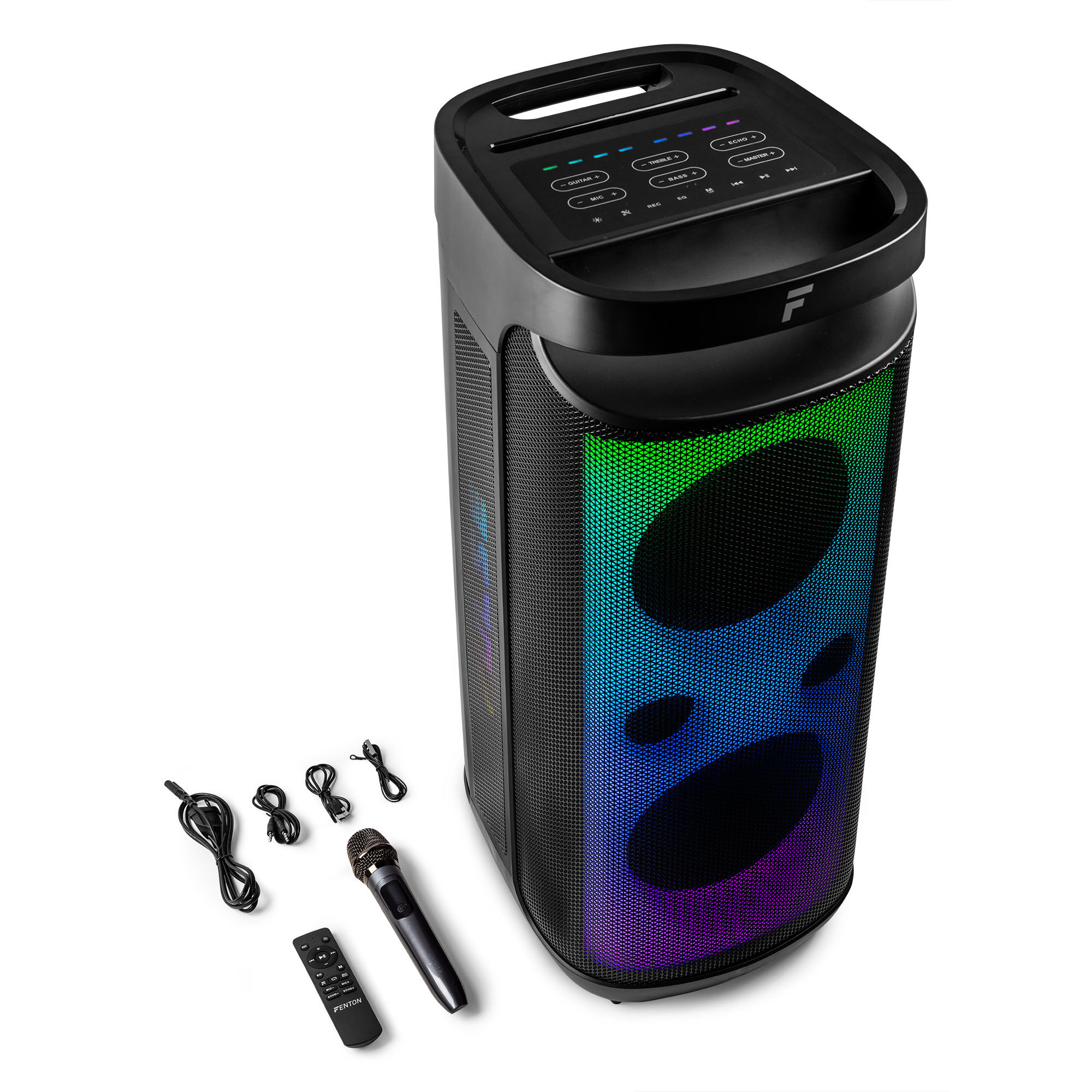 Altavoz negro con luces de colores. Accesorios: micrófono, mando a distancia y cables.