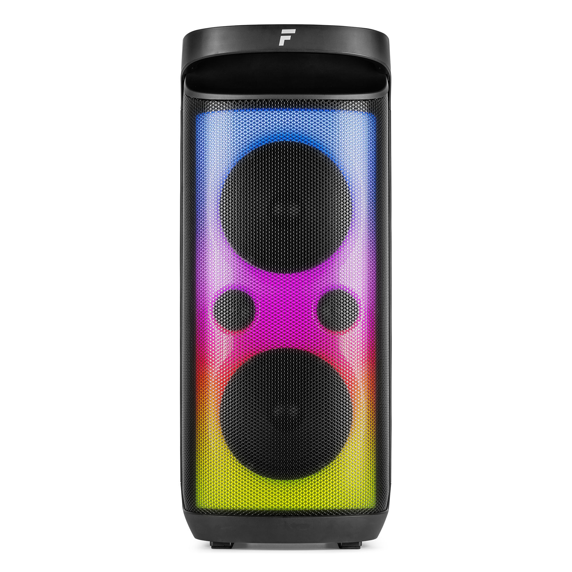 Altavoz negro con frontal de malla, luces de colores. Tiene dos altavoces y un asa negra.
