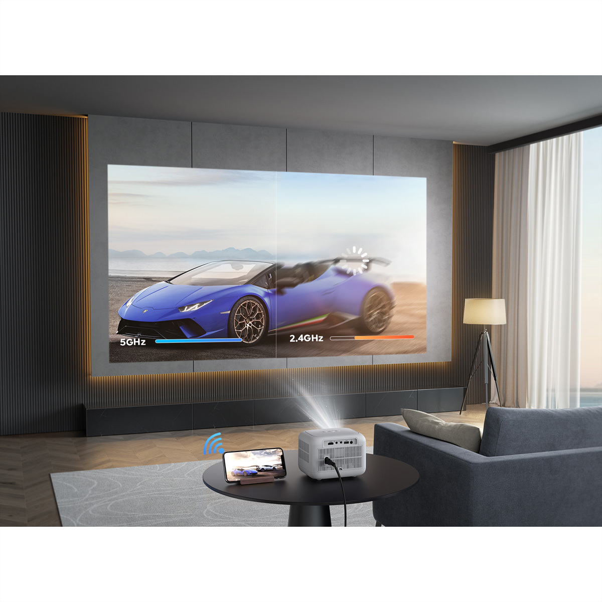 Projektor wyświetlający niebieski samochód na ekranie. Tekst wskazuje połączenia 5 GHz i 2,4 GHz.