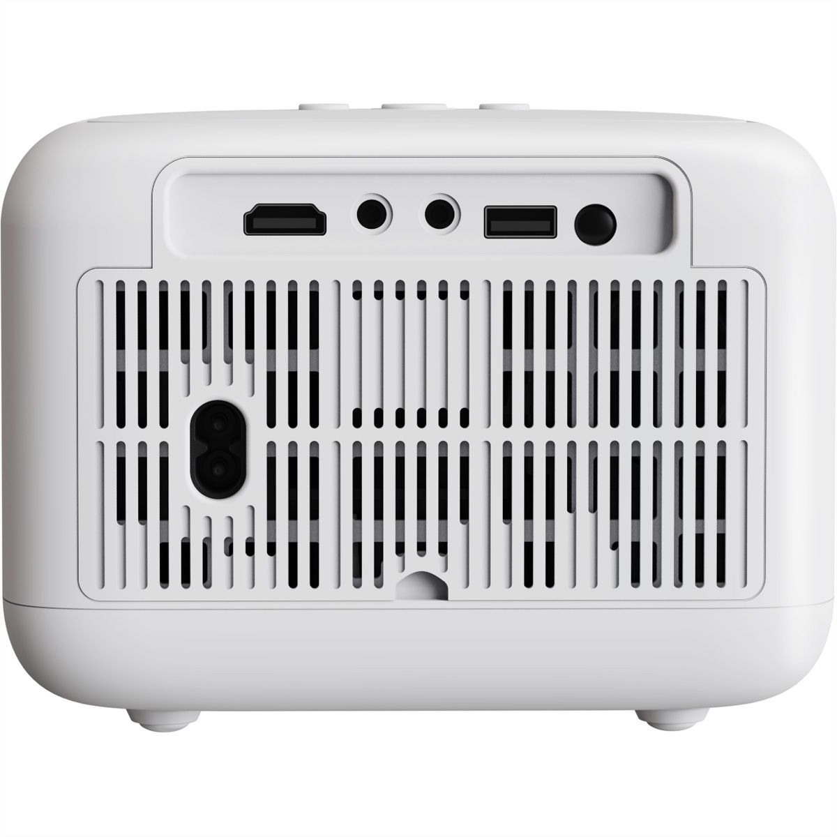 Biały projektor z portami i kratką wentylacyjną z tyłu.