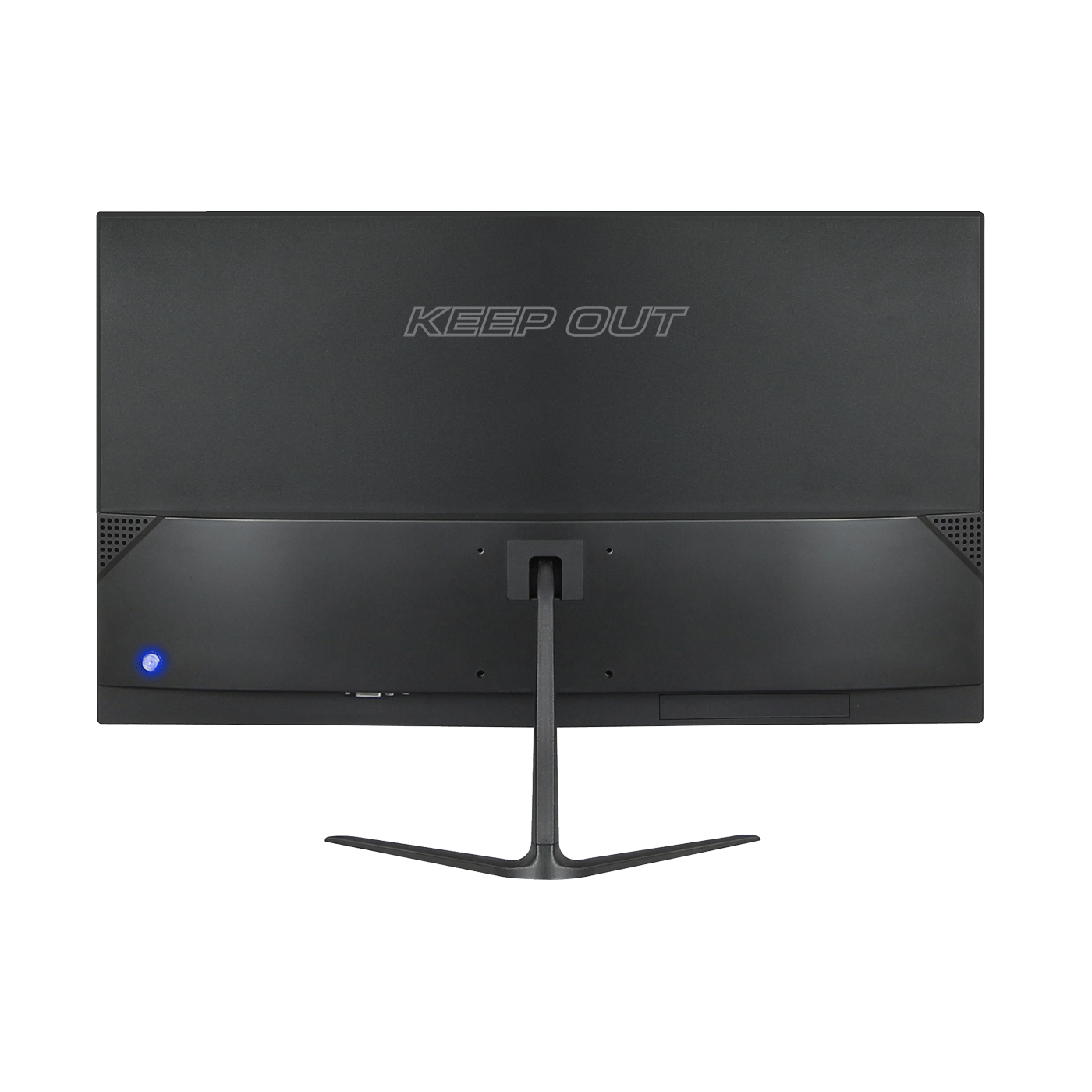Czarny monitor widziany z tyłu. Ma podstawkę i napis KEEP OUT.