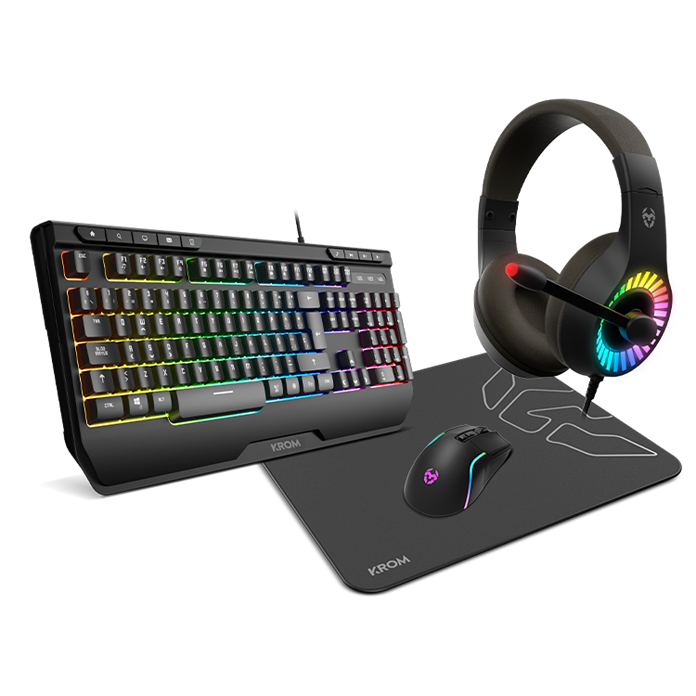 Un setup da gaming con tastiera, mouse, tappetino per mouse e cuffie, tutto su uno sfondo bianco.