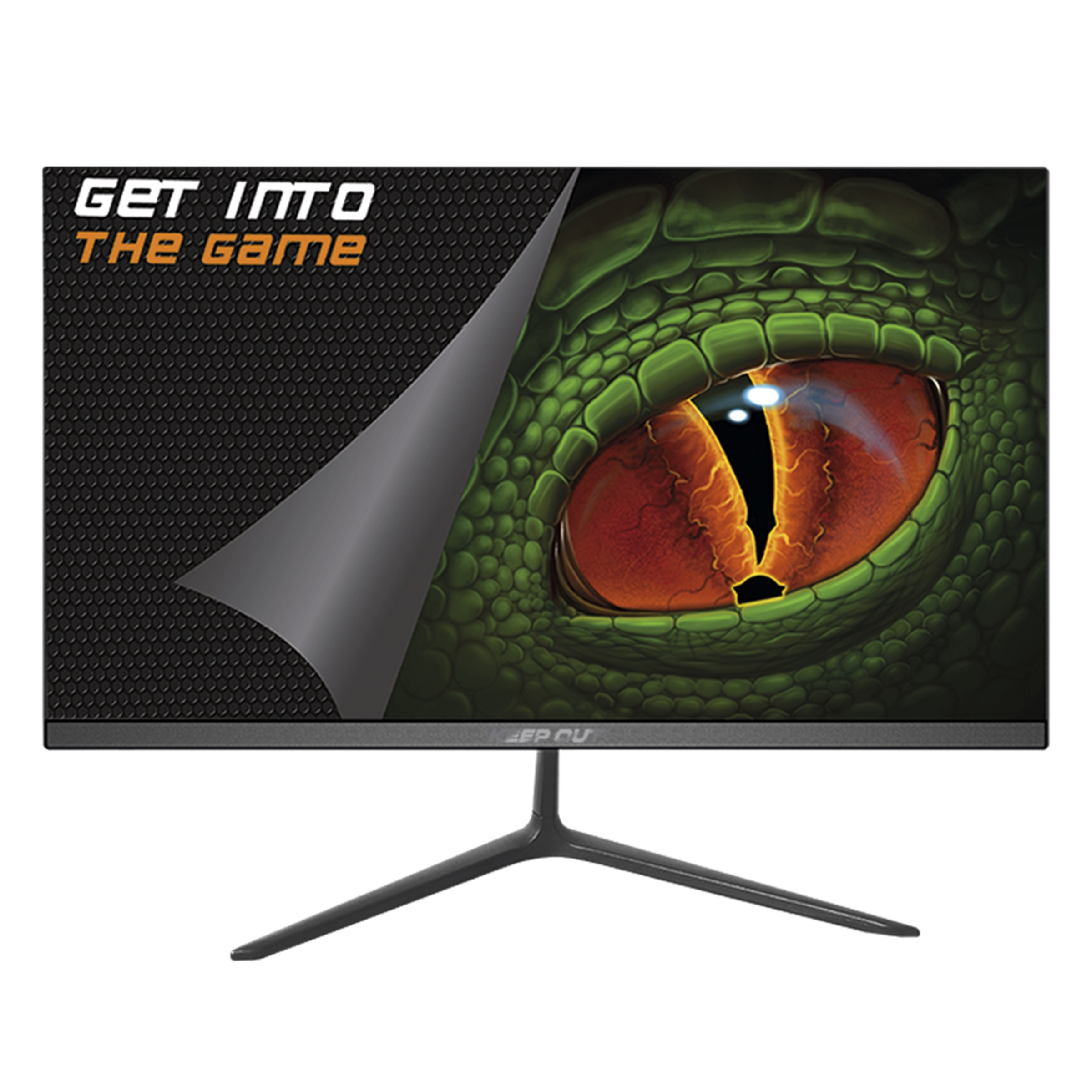 Un monitor da gaming con grafica di un occhio di mostro, testo e un supporto nero, su sfondo bianco.