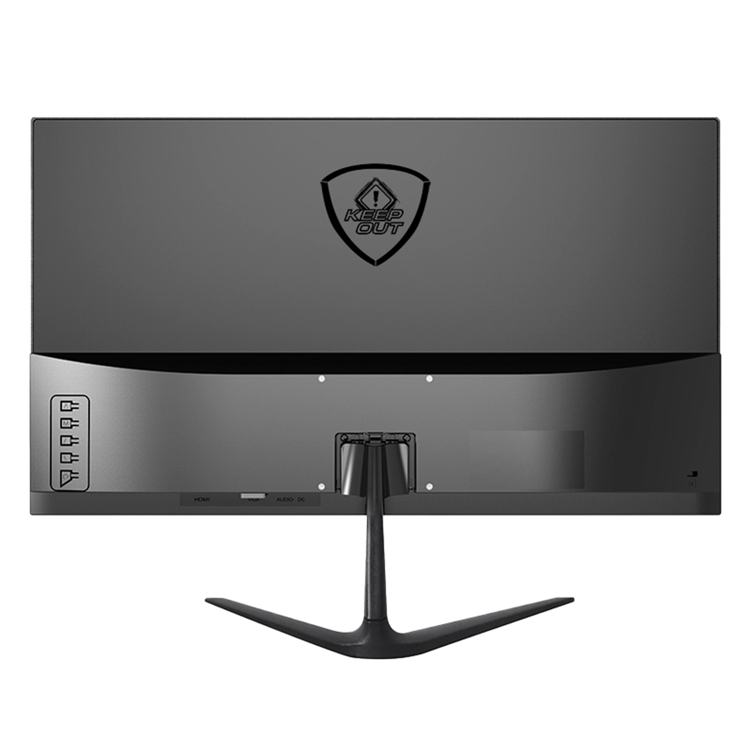 Parte trasera de un monitor negro con soporte. Logo Keep Out visible.