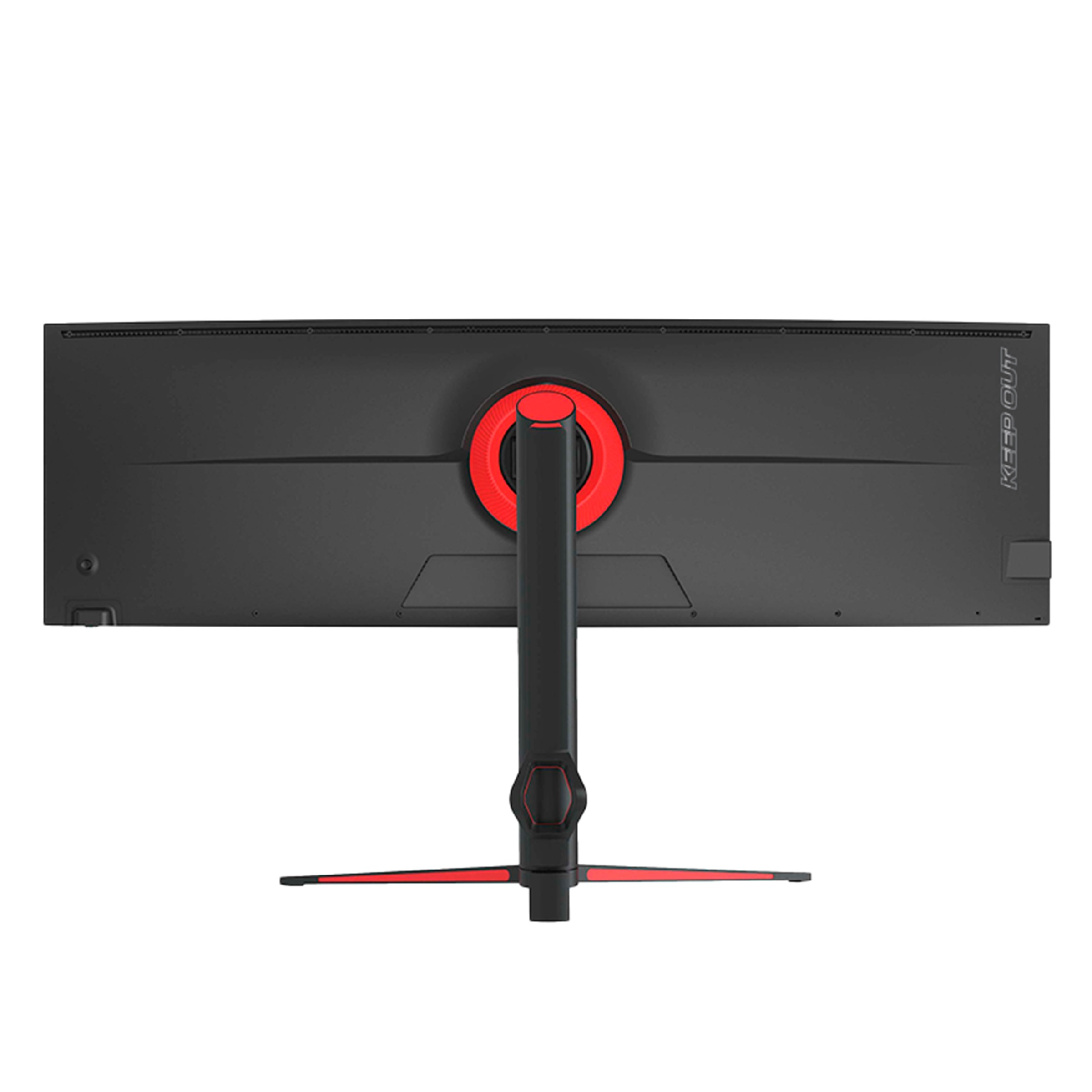 Tył ultrawide monitora z czerwonym akcentem w postaci pierścienia.