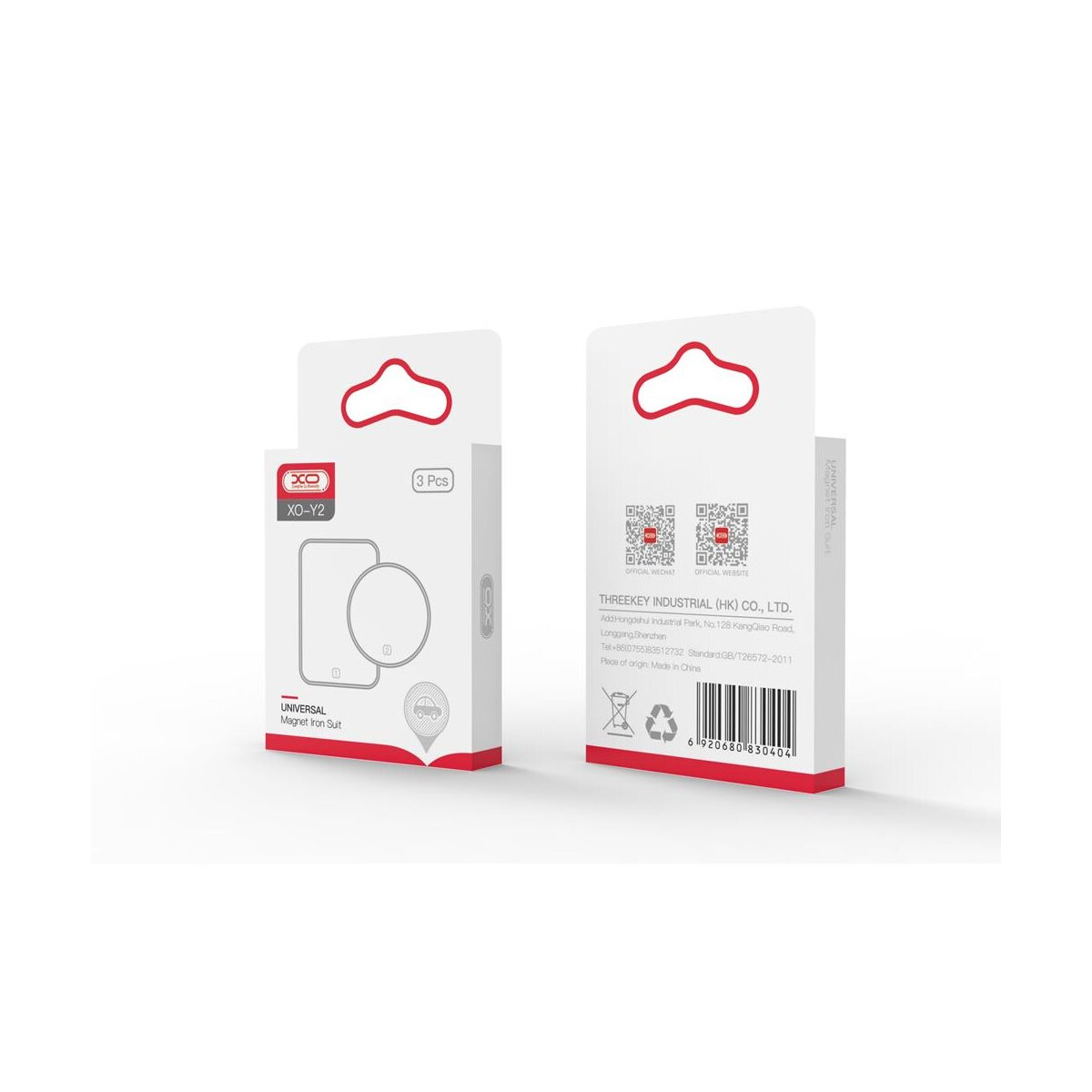 Dos cajas de productos con diseño blanco y rojo. Cada una muestra un soporte universal para teléfono. El fondo es blanco.