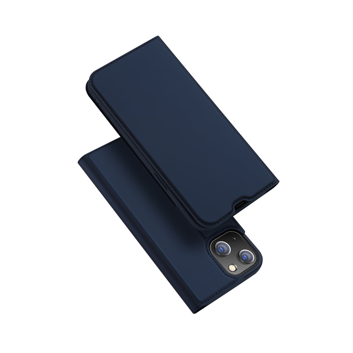 Una custodia per telefono in pelle blu con una cover a ribalta. La custodia è aperta.