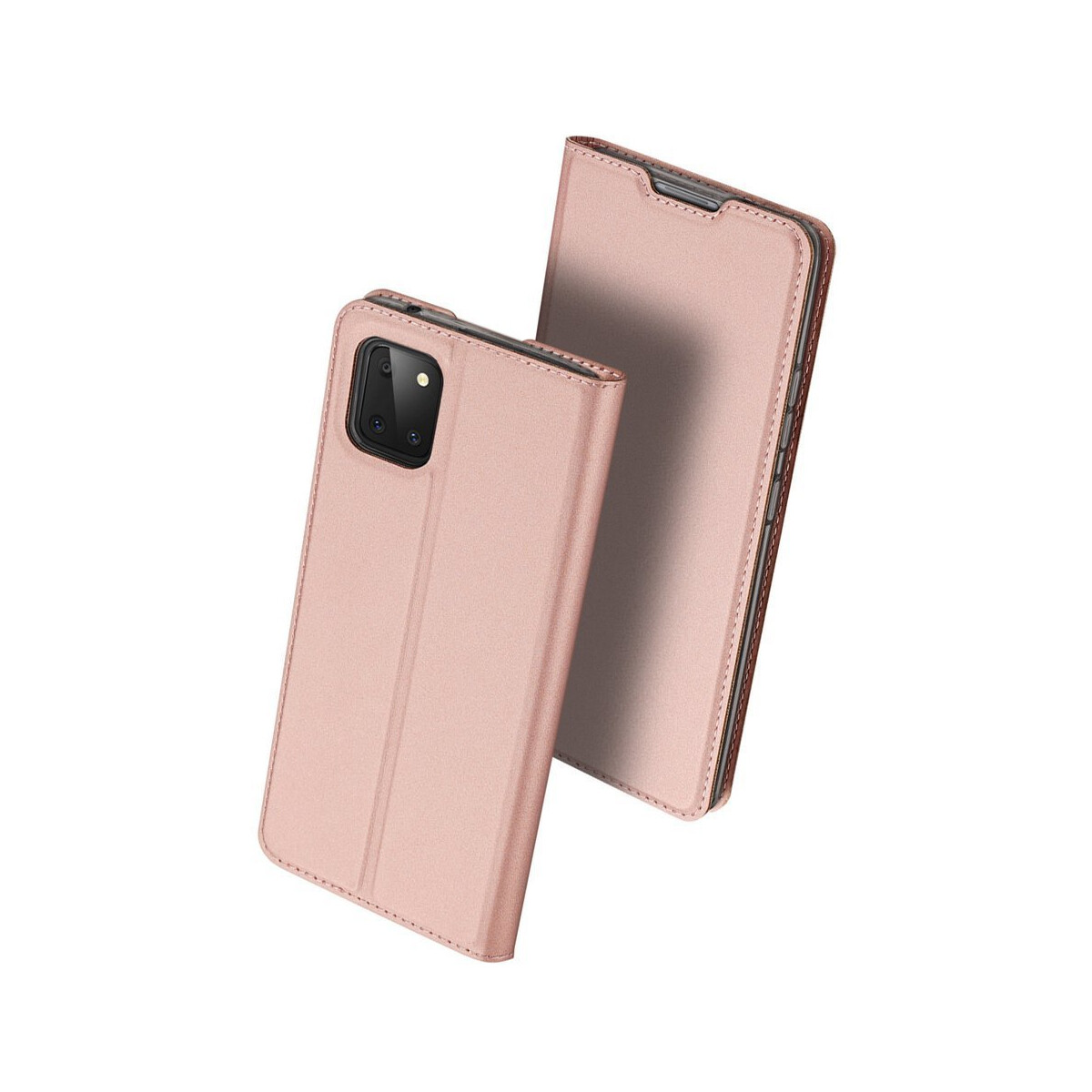 Custodia rosa per telefono con coperchio aperto, che mostra il telefono, sfondo bianco.