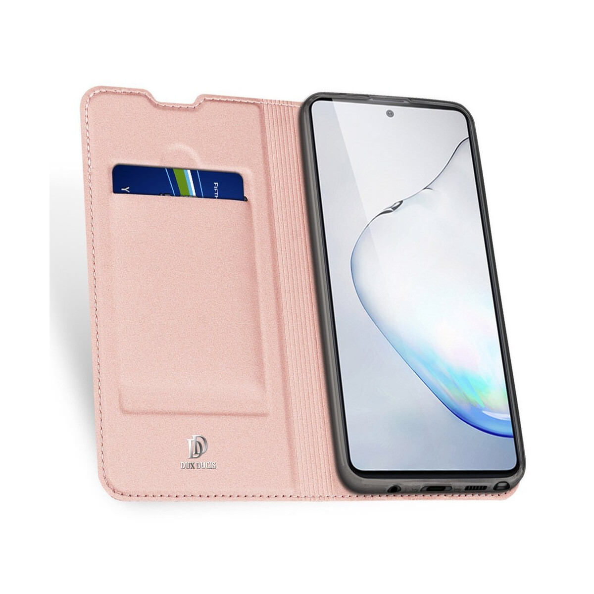 Custodia per telefono in pelle rosa aperta, con telefono all'interno e carta in uno slot.